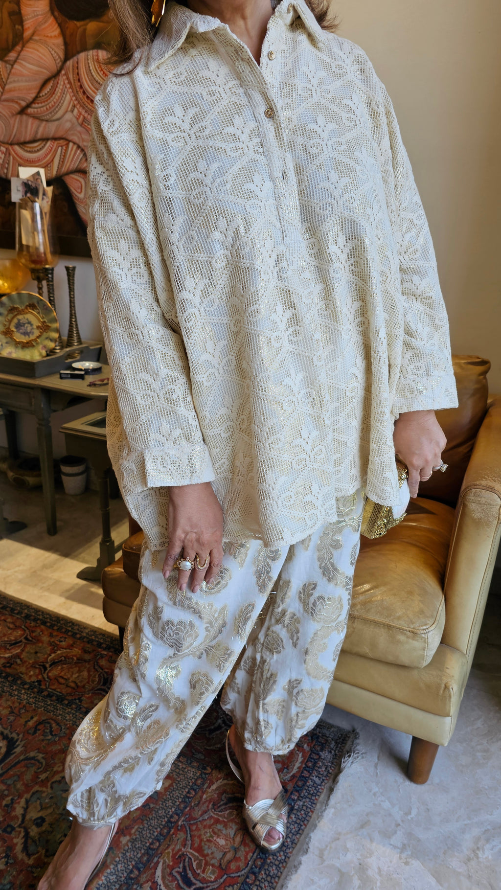 Adorable Boho Chic Outfit in Gold Jacquard Cotton Pants and Cotton Lace Top