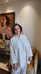 Adorable Boho Chic Outfit in Gold Jacquard Cotton Pants and Cotton Lace Top