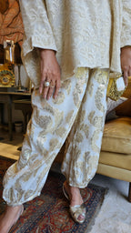 Adorable Boho Chic Outfit in Gold Jacquard Cotton Pants and Cotton Lace Top