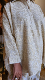 Adorable Boho Chic Outfit in Gold Jacquard Cotton Pants and Cotton Lace Top