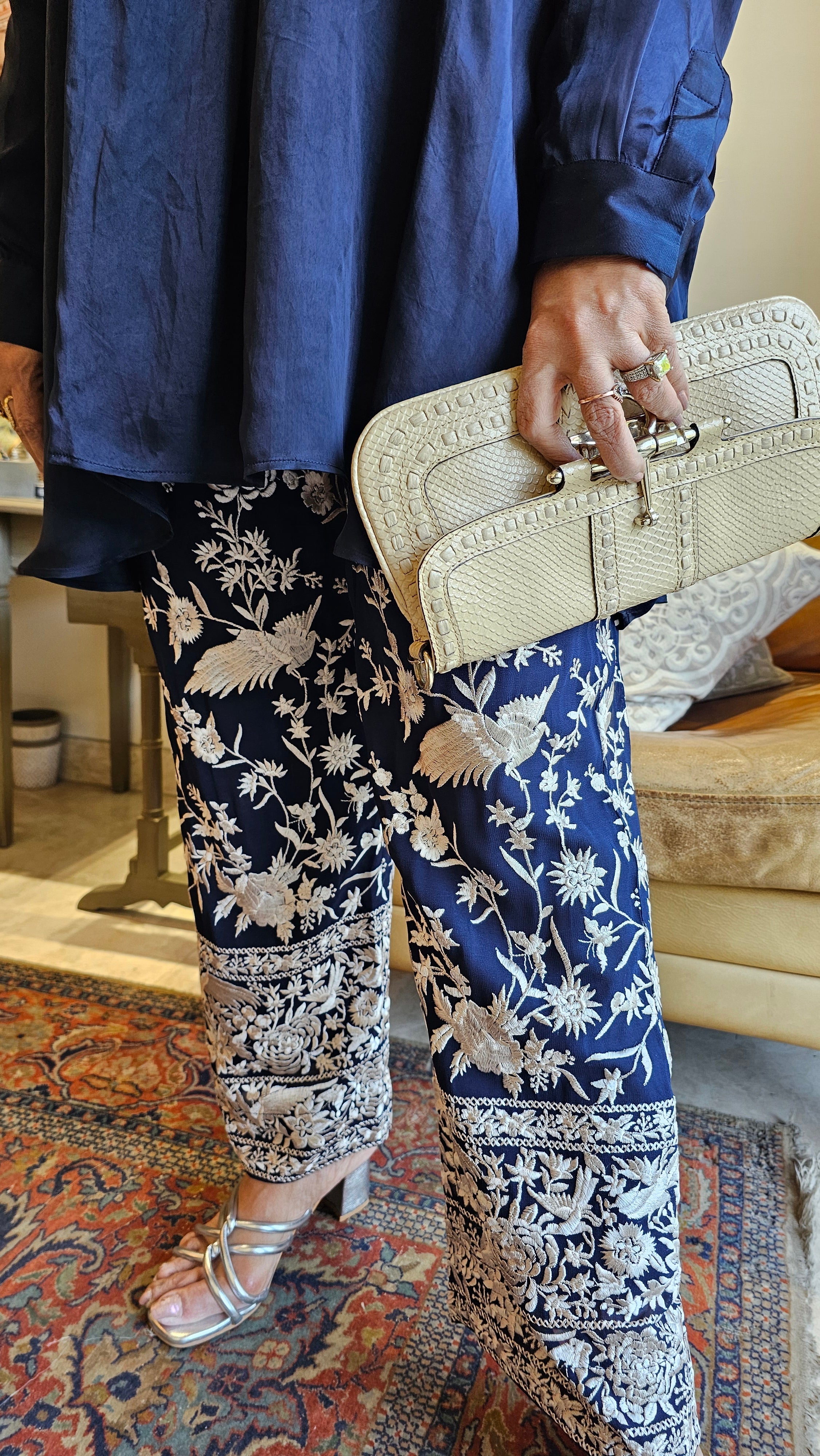 Stunning Parsi Embroidered Pants with Cotton Satin Blend Flowing Shirt