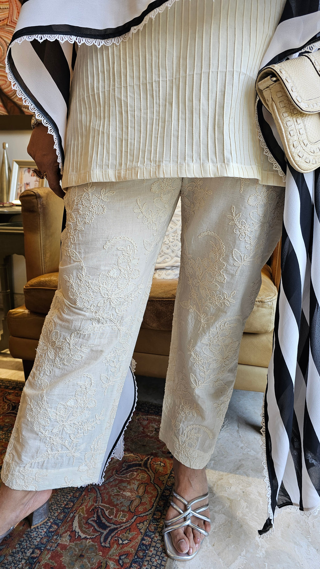 Beautiful Cotton Embroidered Pants with Cotton Pintucks Shirt with Georgette Printed Cape