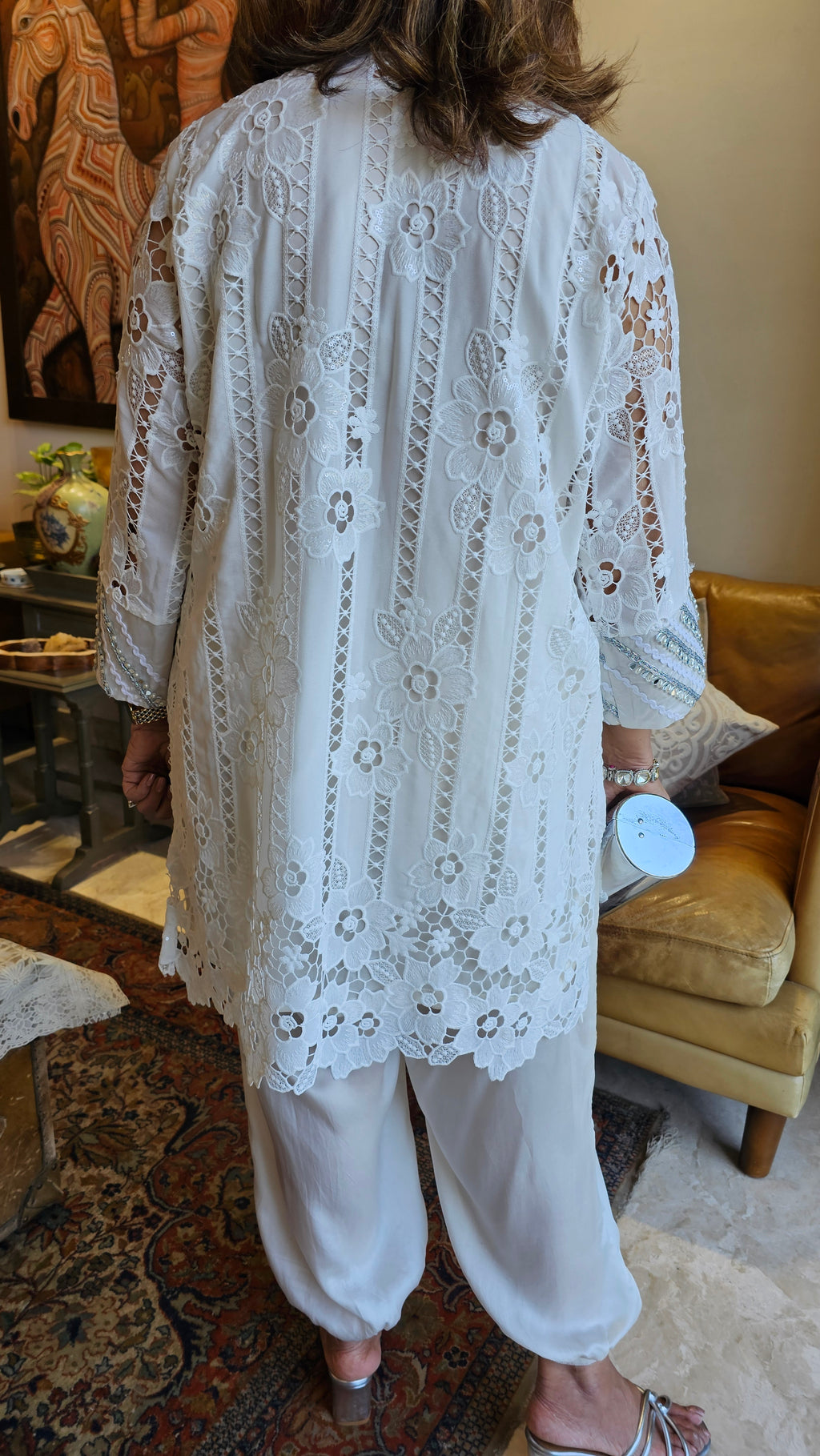 Beautiful Lace Outfit with Mirror & Pearl Work with Satin Bottom