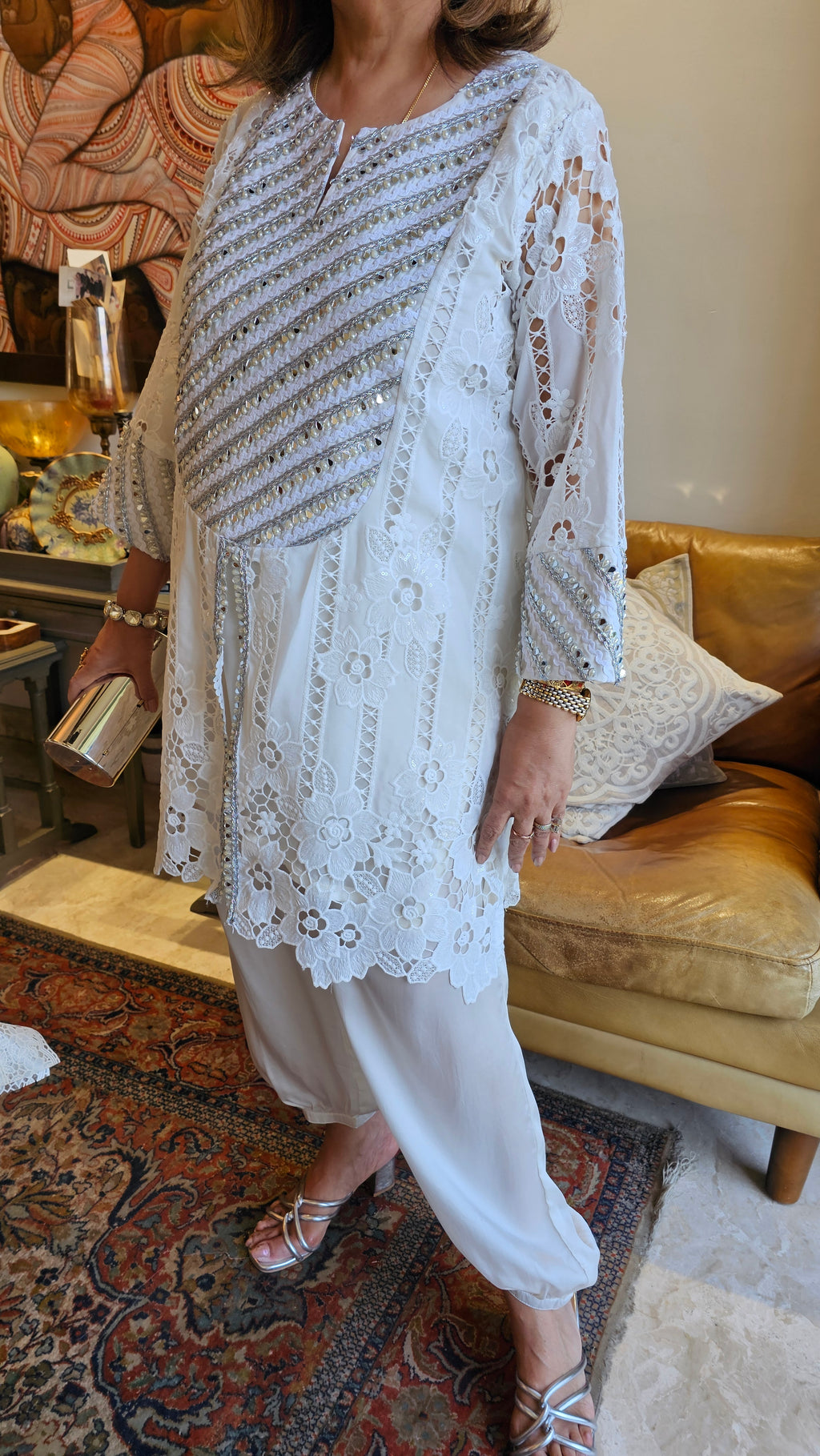 Beautiful Lace Outfit with Mirror & Pearl Work with Satin Bottom
