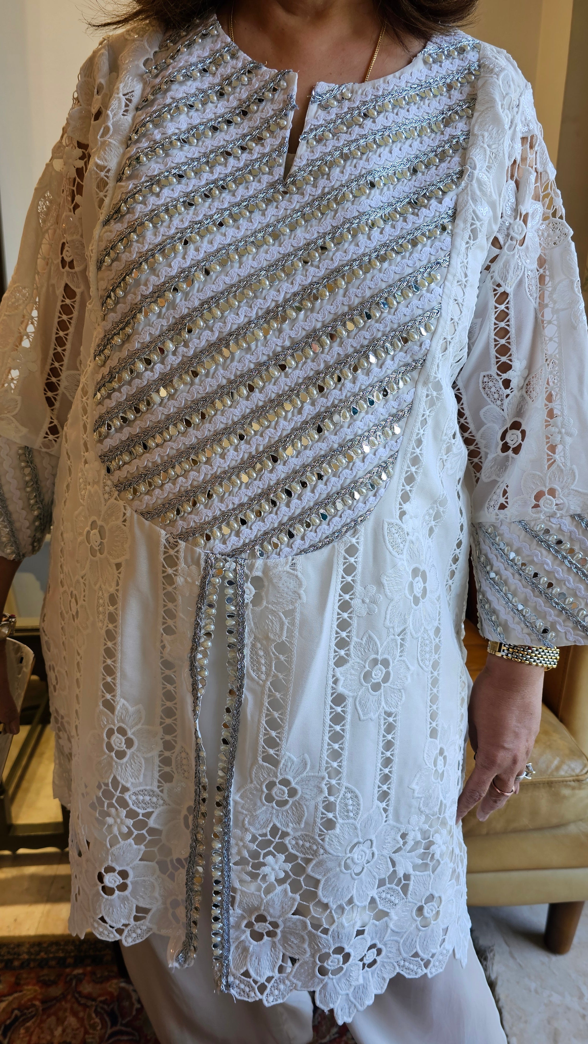 Beautiful Lace Outfit with Mirror & Pearl Work with Satin Bottom