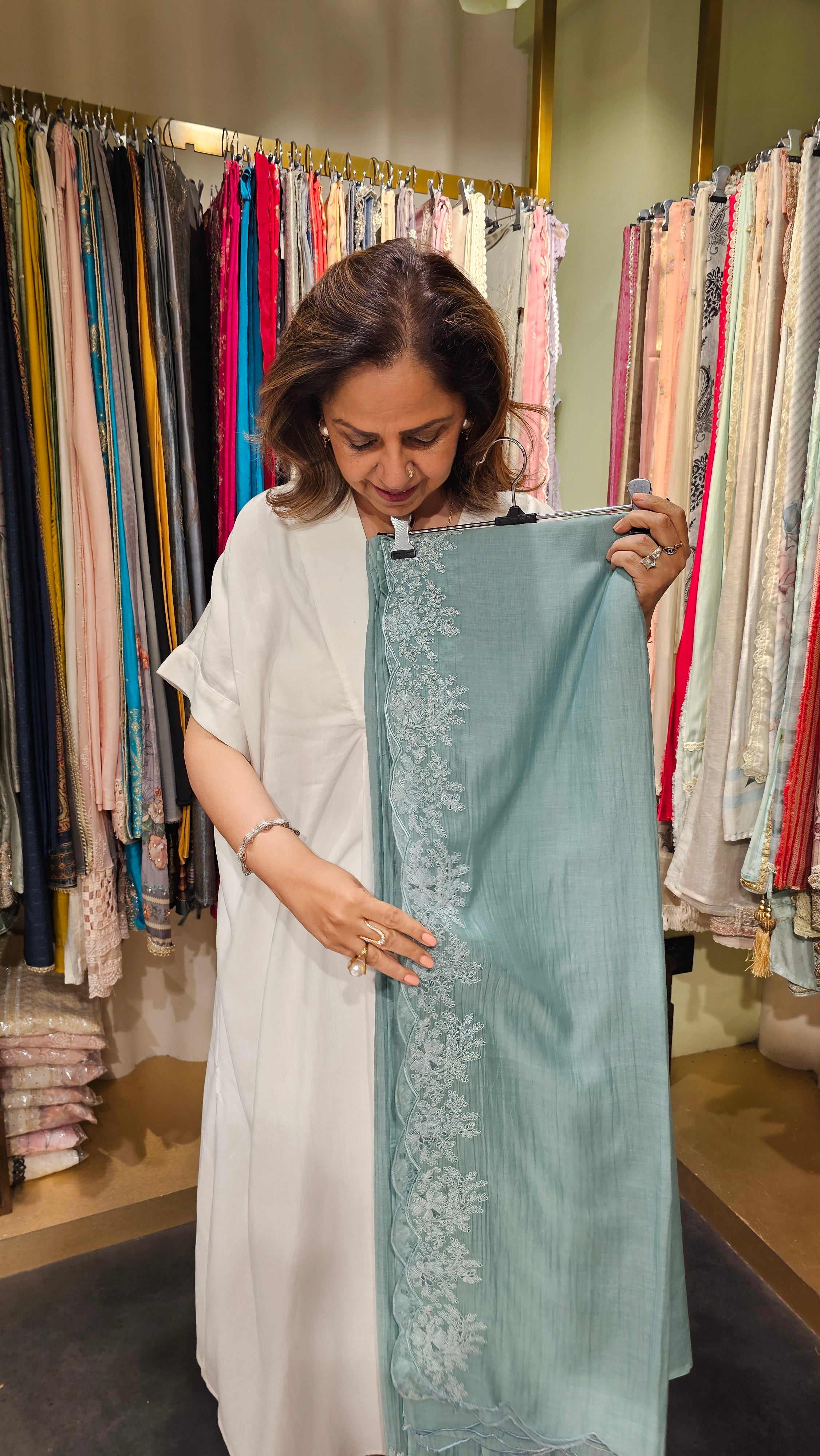 Beautiful Mul Fabric Suit trimmed With thread work