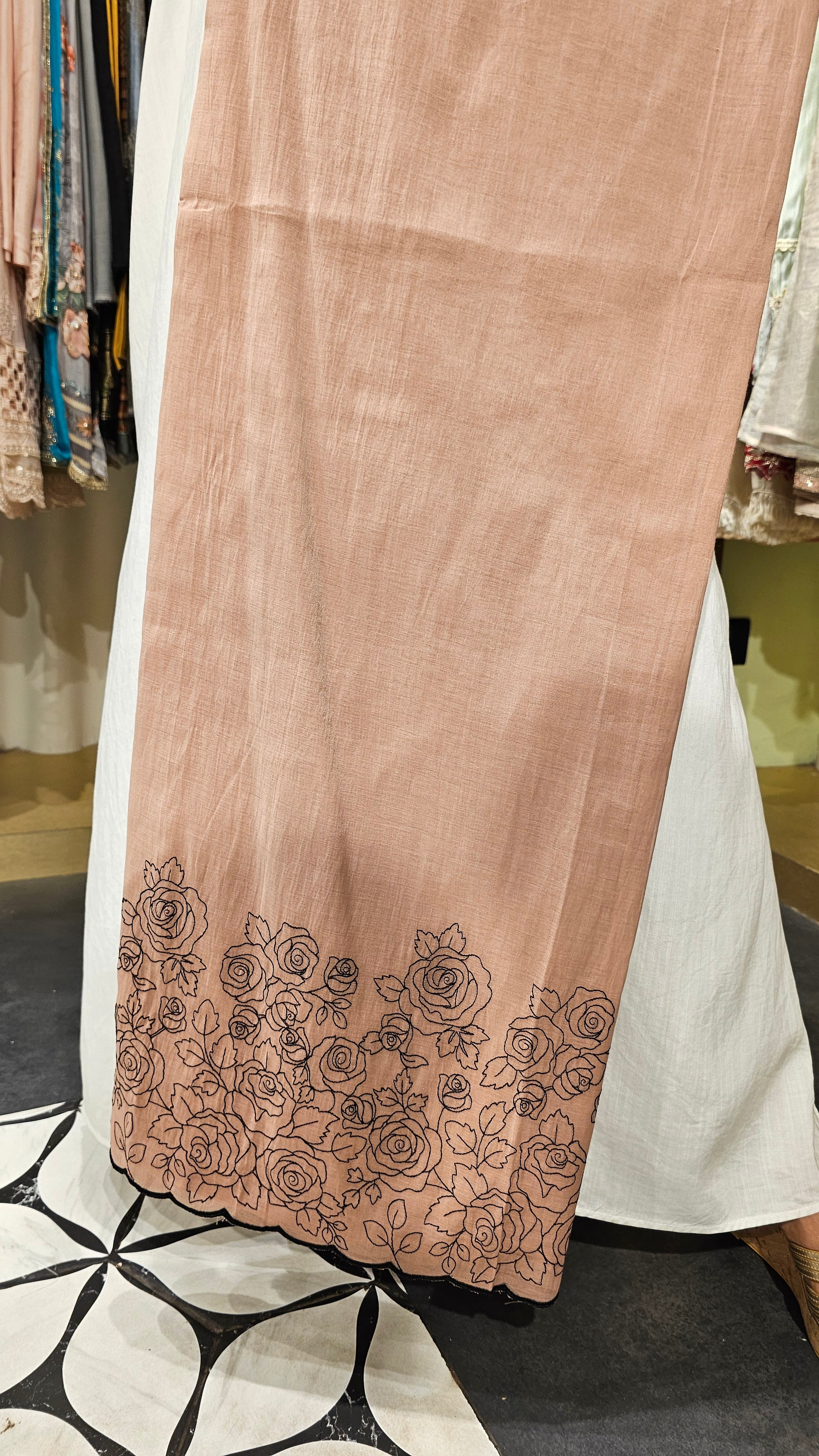 Beautiful Mul Top & Dupatta  with Rayon Bottom Suit trimmed With Thread Work