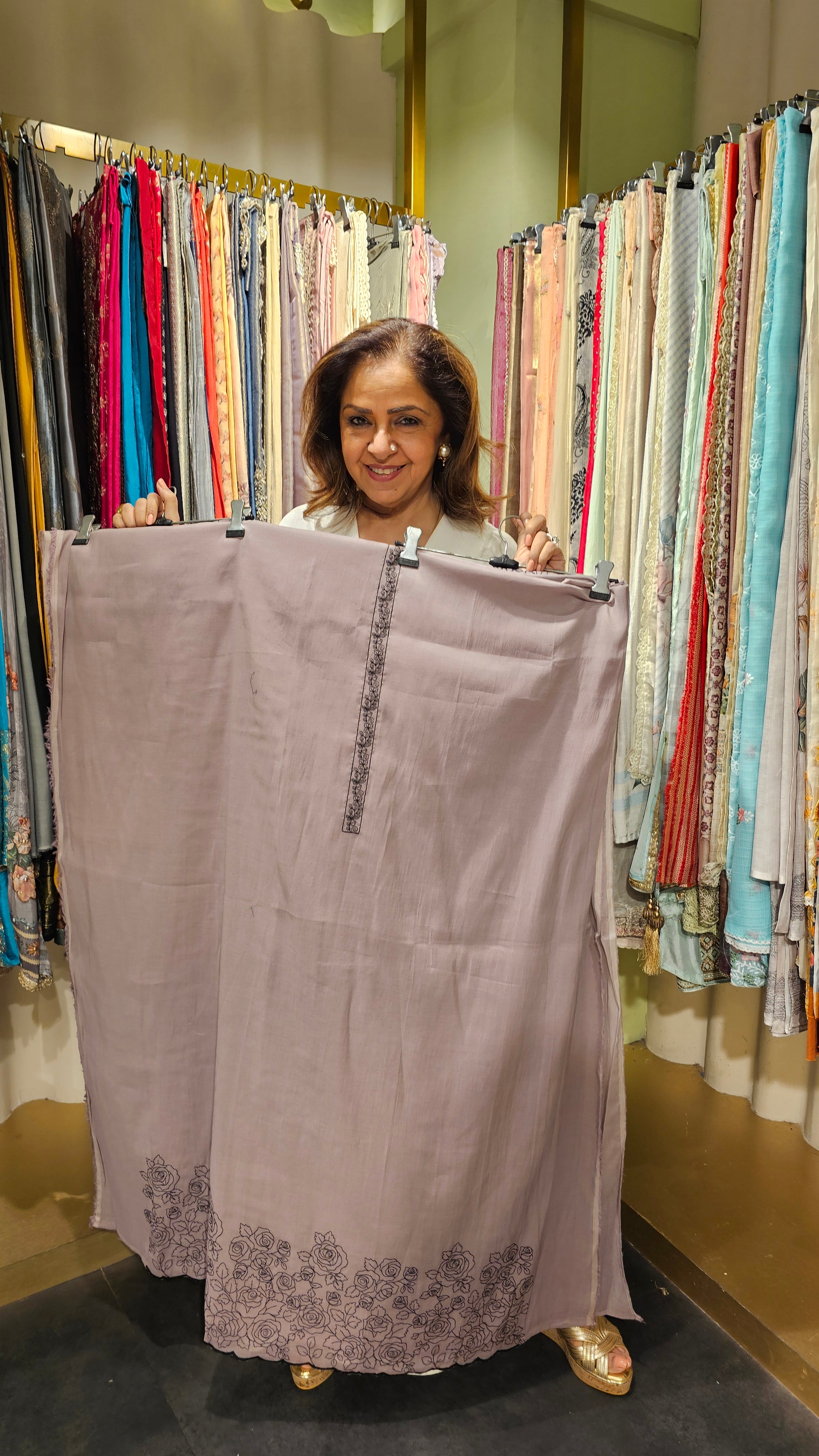 Beautiful Mul Top & Dupatta  with Rayon Bottom Suit trimmed With Thread Work