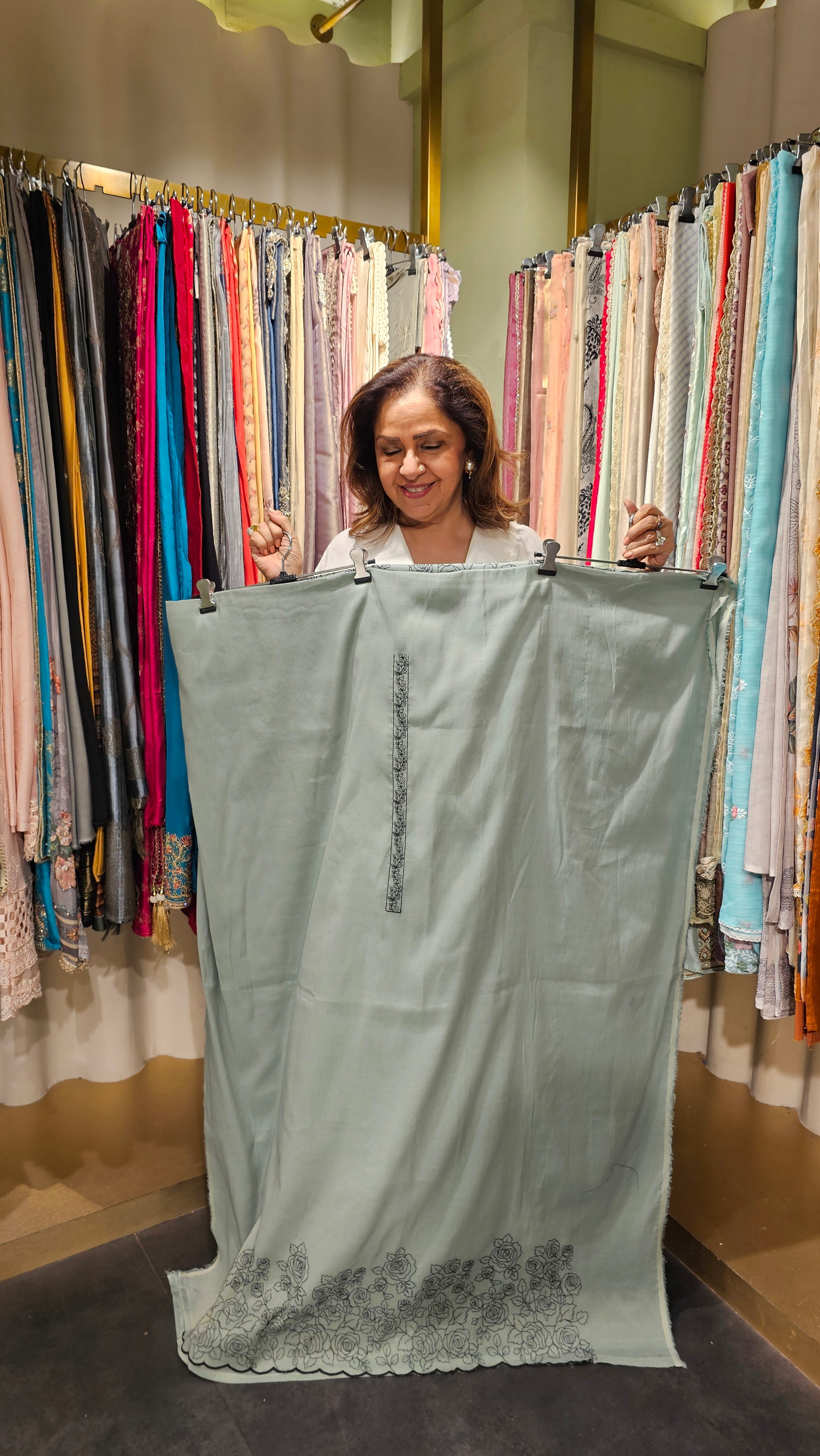 Beautiful Mul Top & Dupatta  with Rayon Bottom Suit trimmed With Thread Work