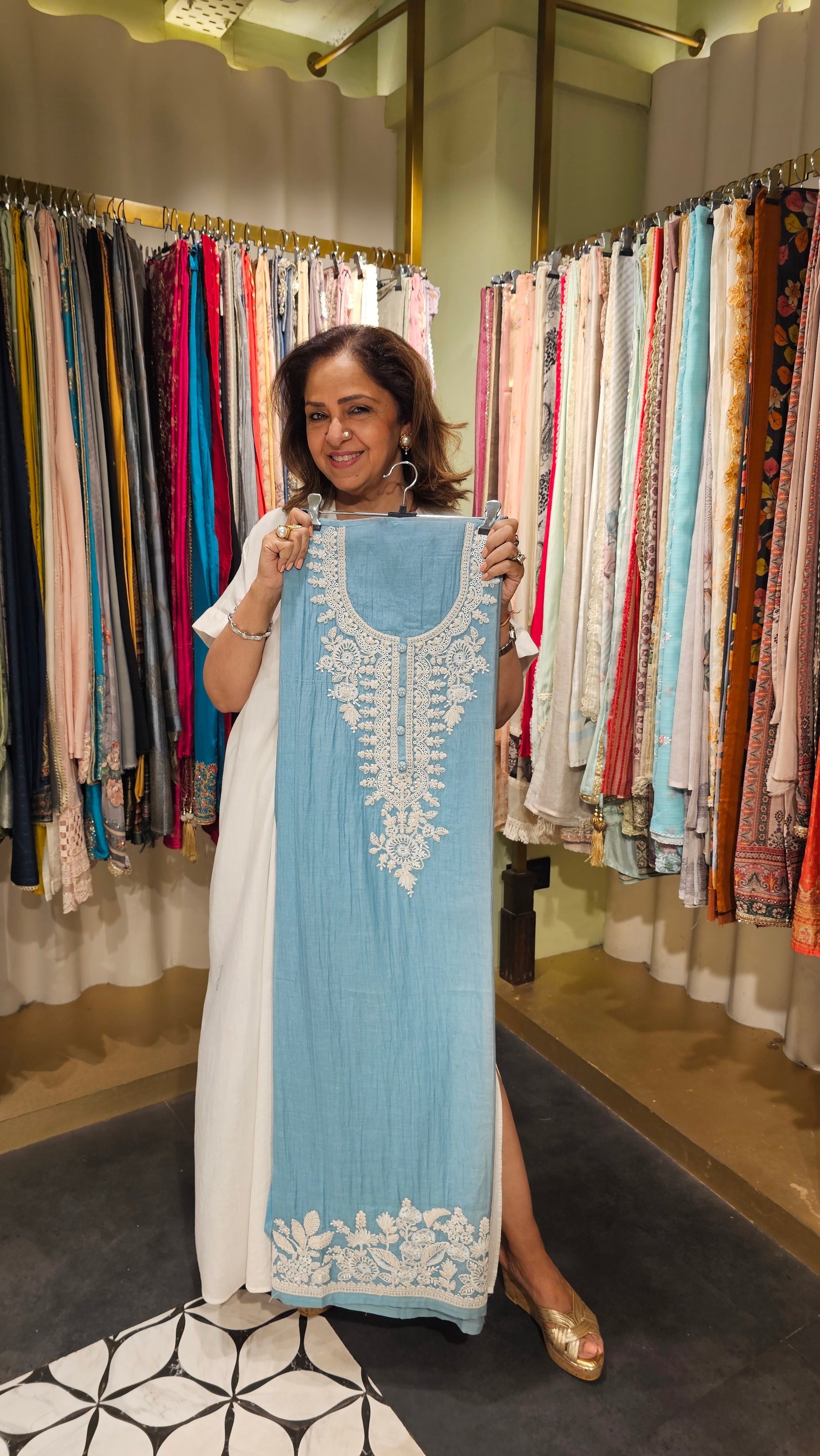Stunning Mul Fabric Suit trimmed With Thread & Embroidery