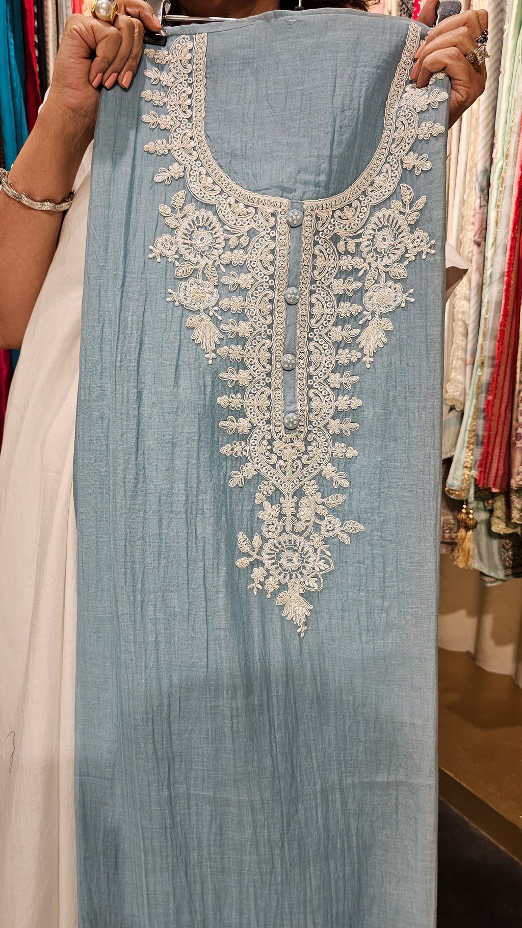 Stunning Mul Fabric Suit trimmed With Thread & Embroidery