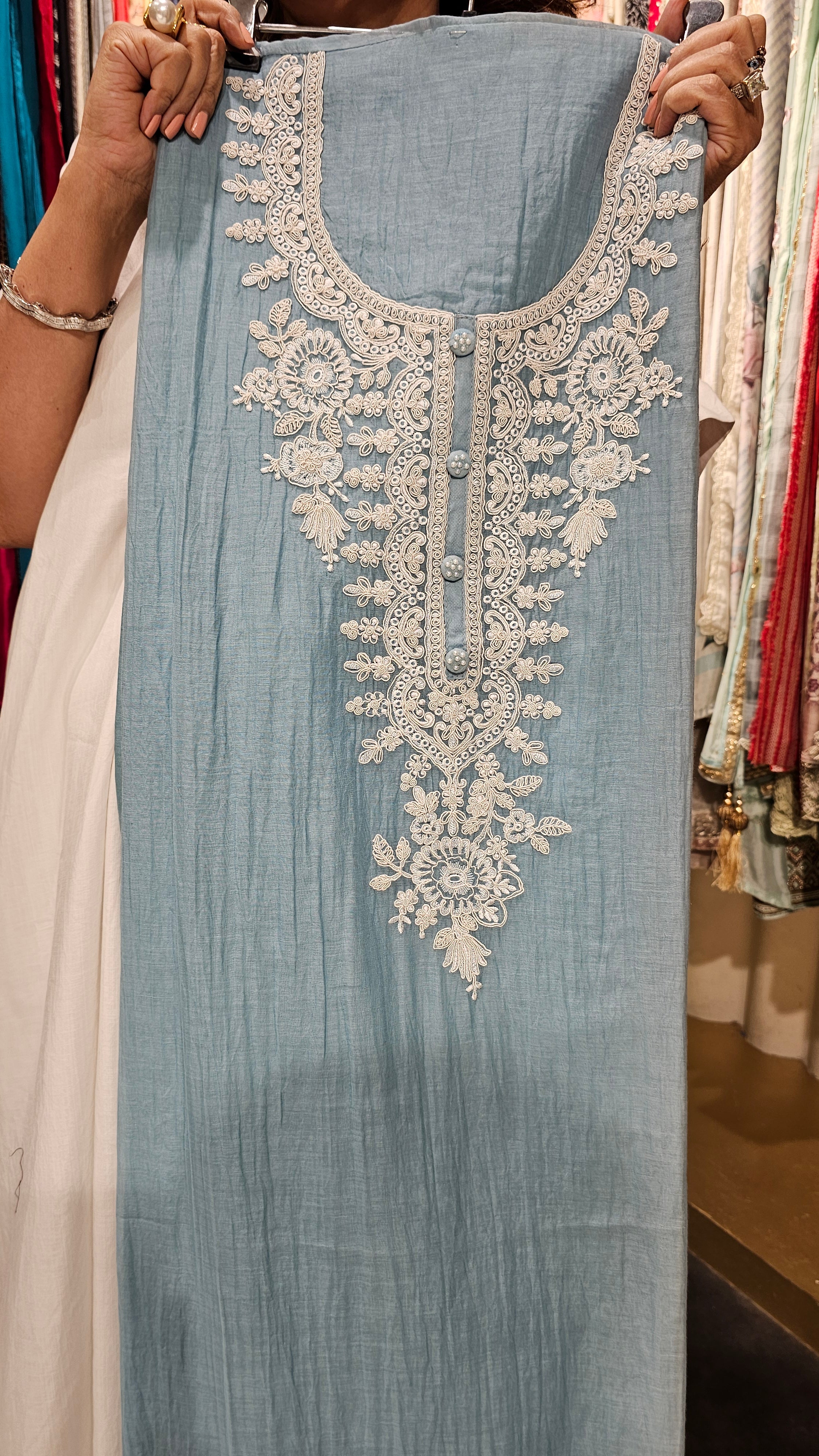 Stunning Mul Fabric Suit trimmed With Thread & Embroidery