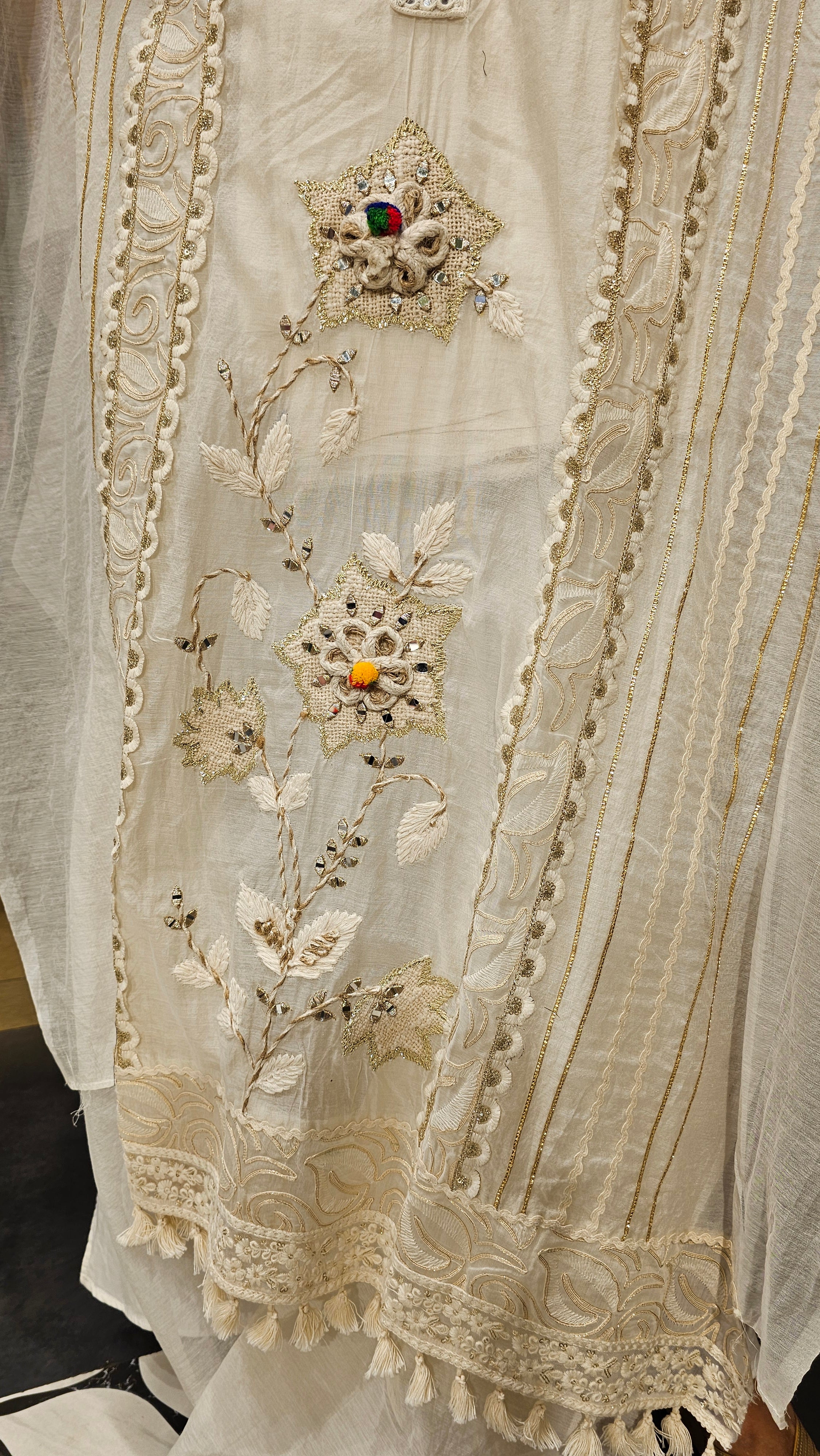 Beautiful Mul Fabric Suit trimmed With gota & Floral Patch work
