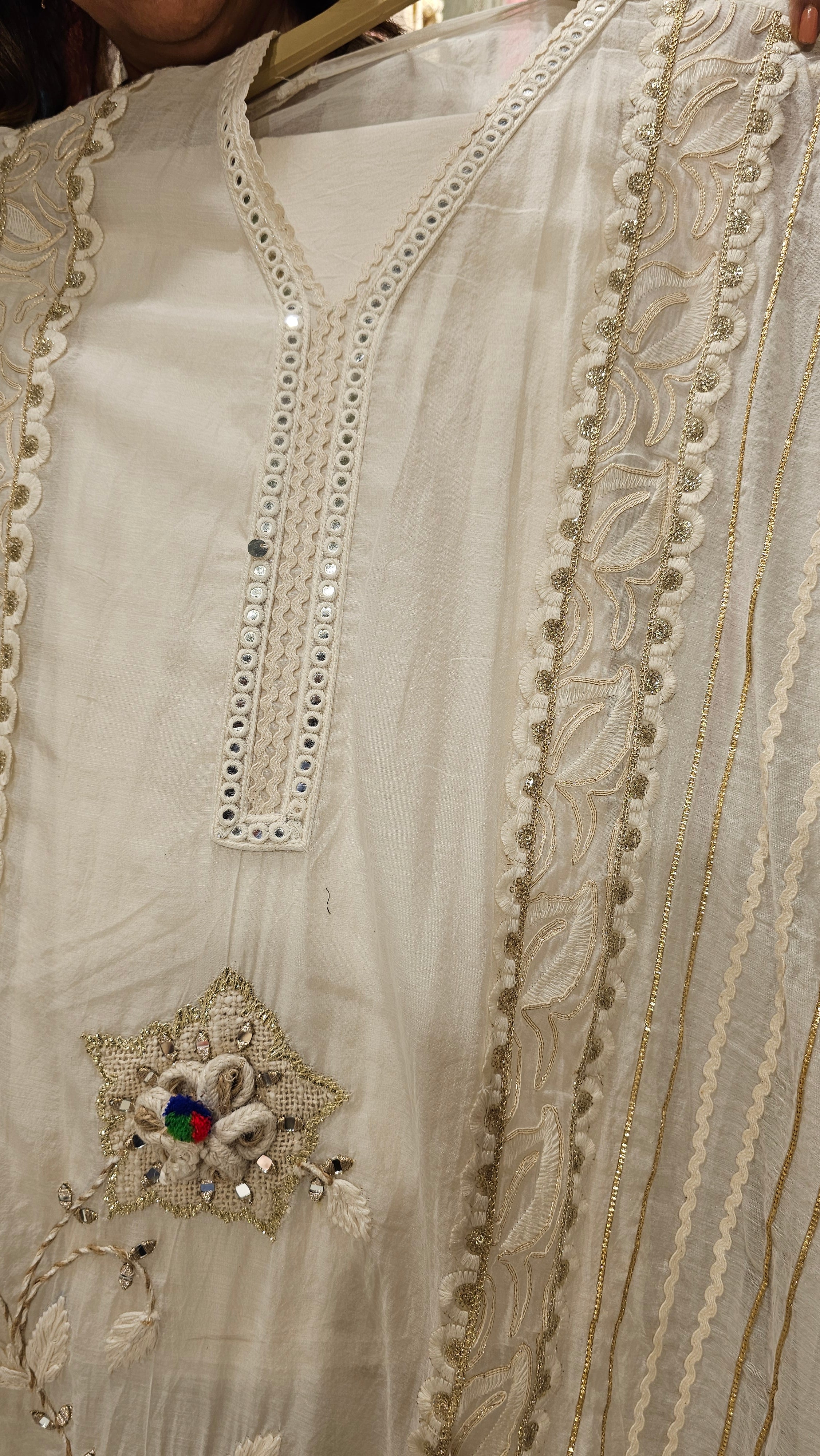 Beautiful Mul Fabric Suit trimmed With gota & Floral Patch work