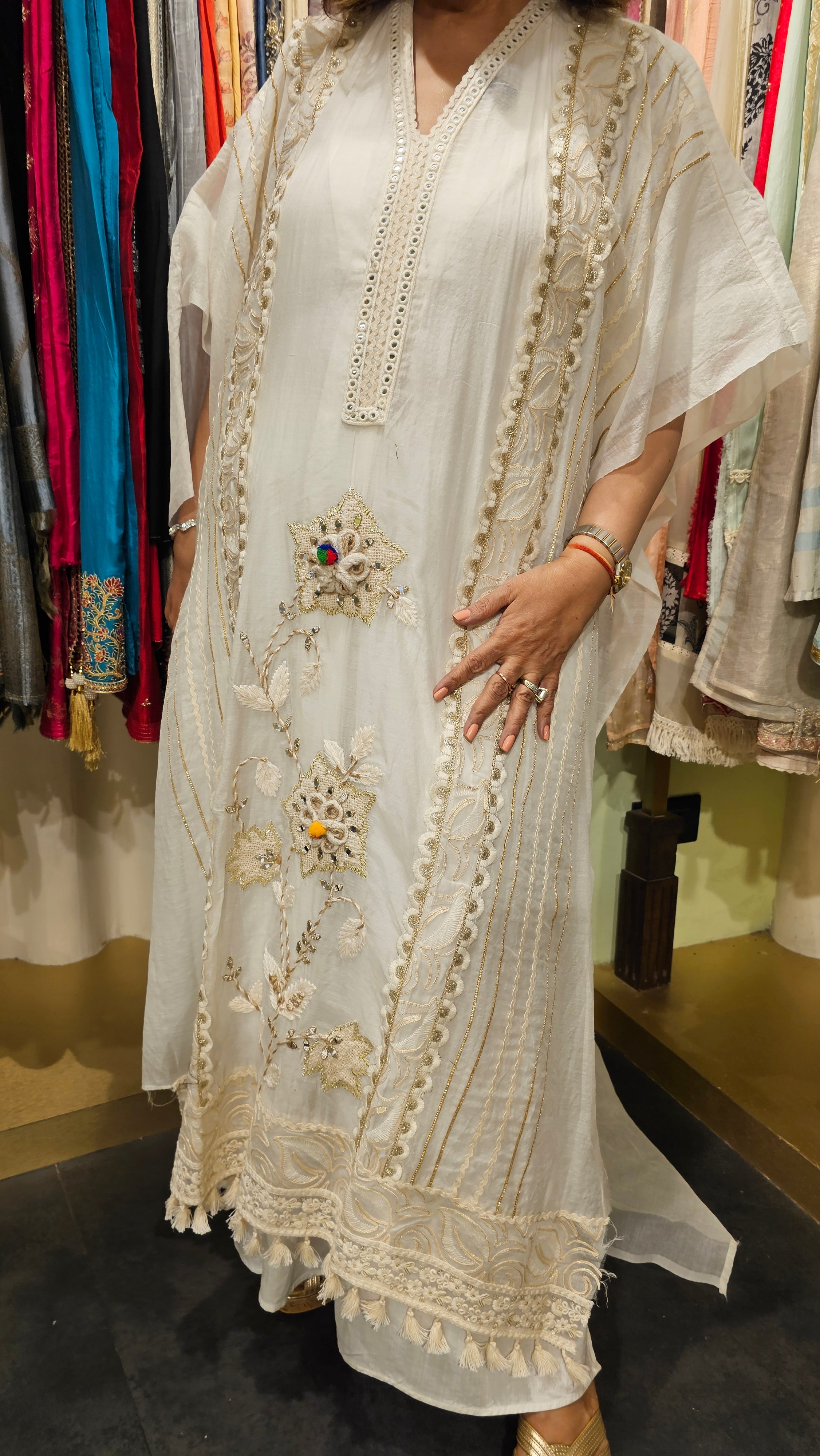 Beautiful Mul Fabric Suit trimmed With gota & Floral Patch work