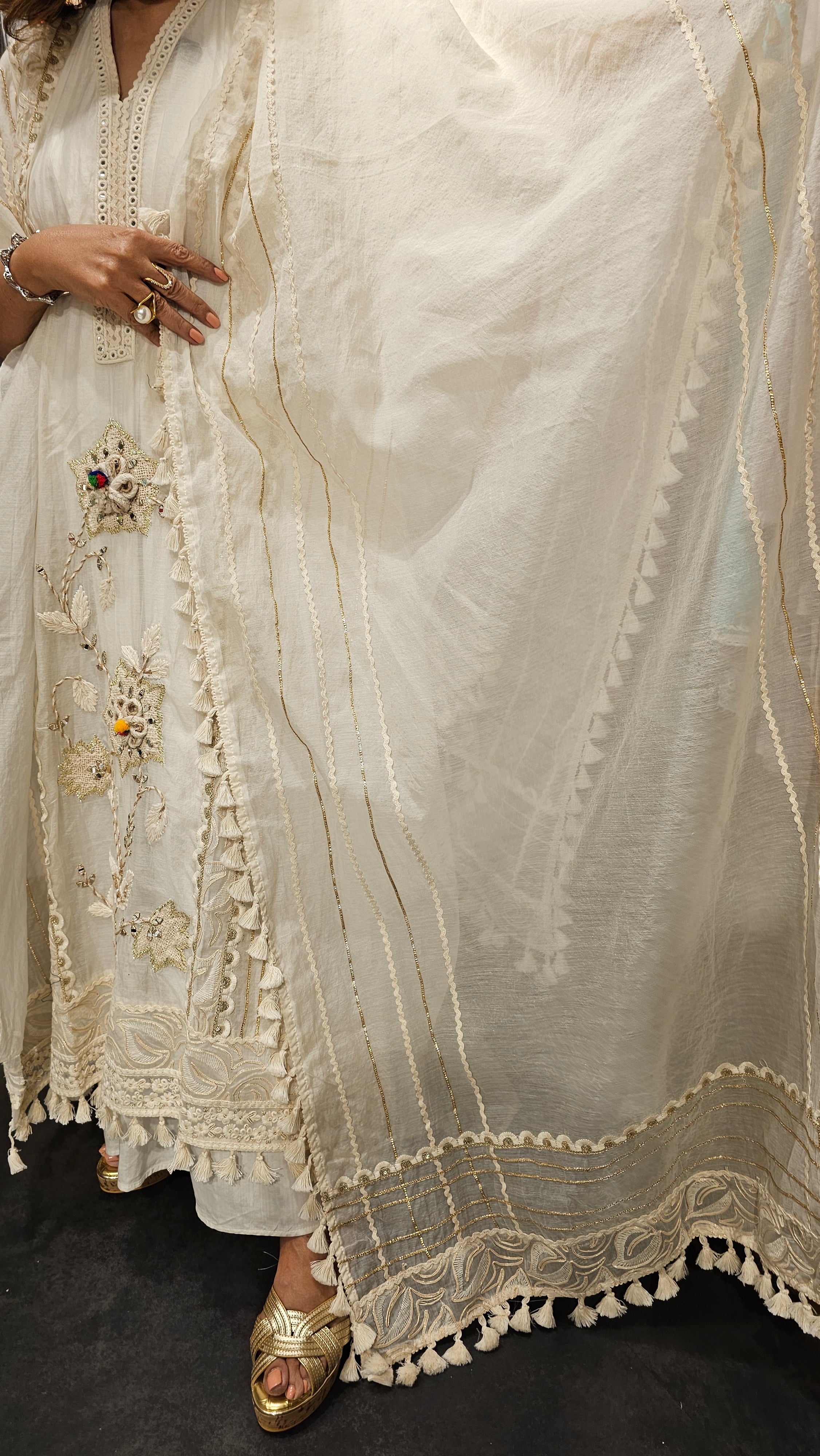 Beautiful Mul Fabric Suit trimmed With gota & Floral Patch work