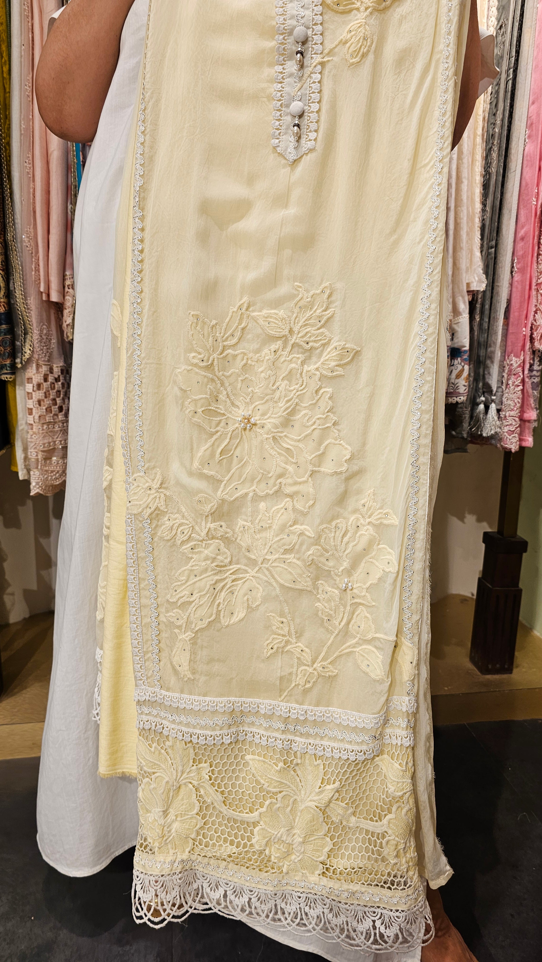 Beautiful Organza Fabric Suit trimmed With Patch Work