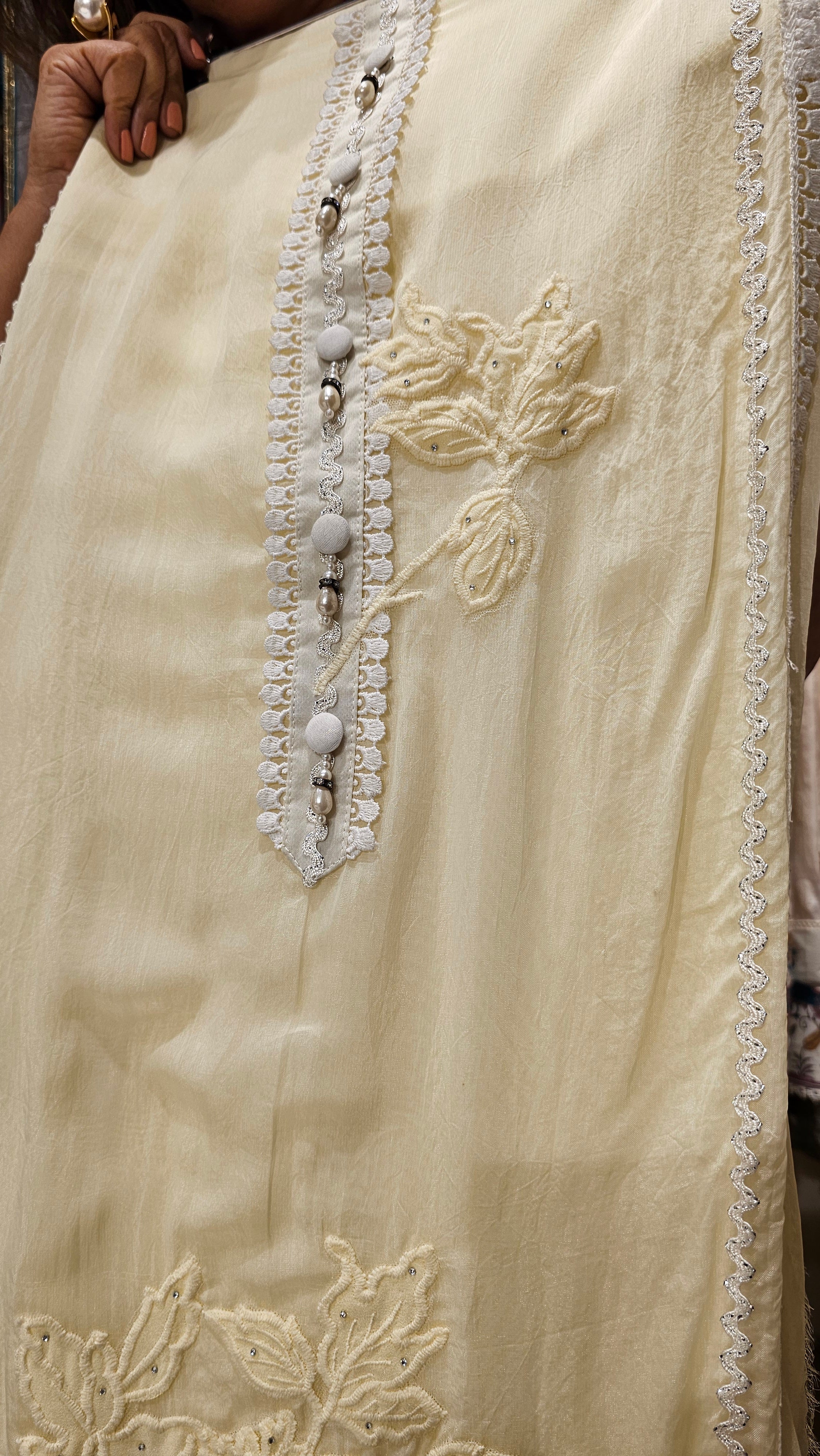 Beautiful Organza Fabric Suit trimmed With Patch Work