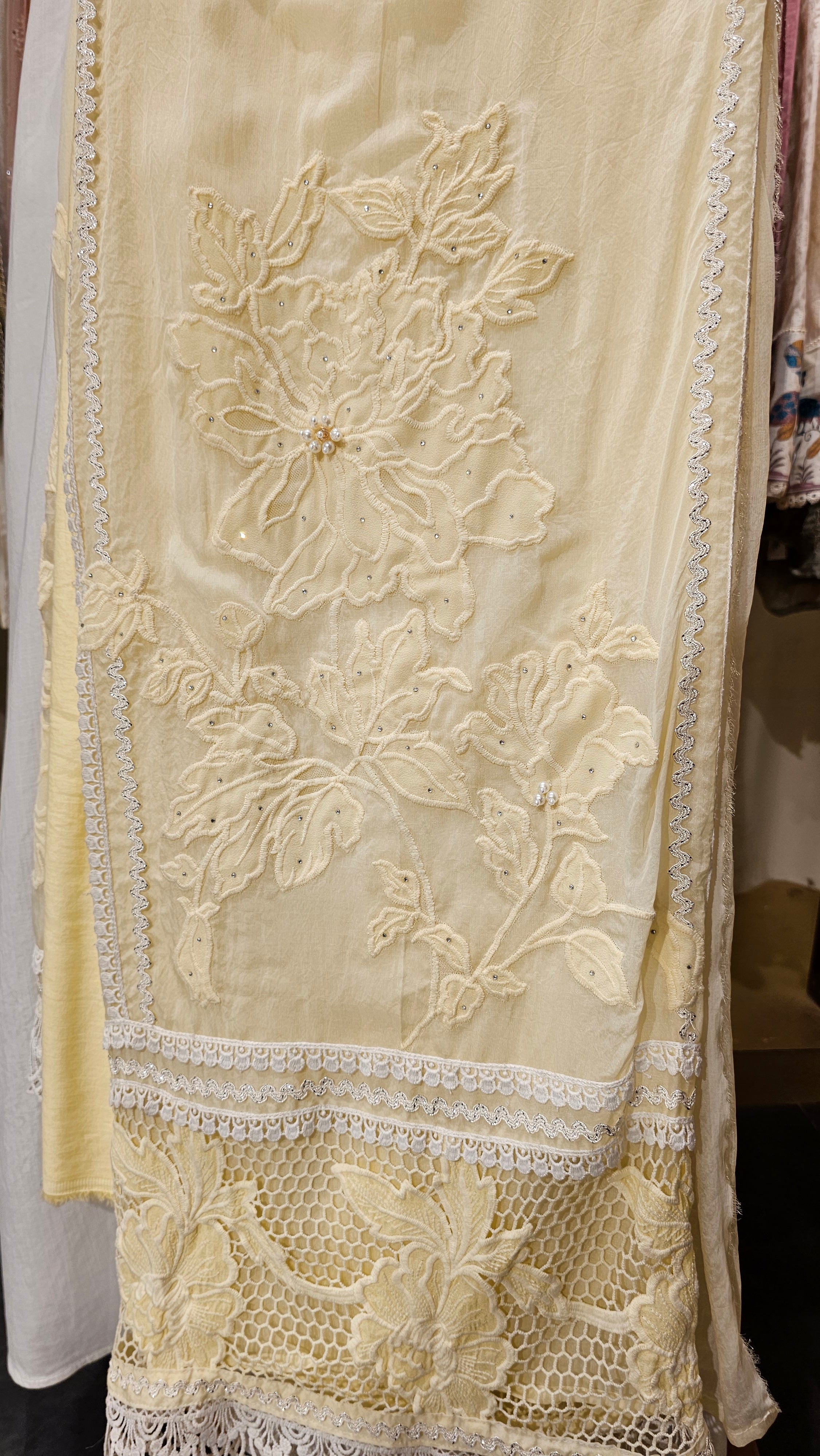 Beautiful Organza Fabric Suit trimmed With Patch Work