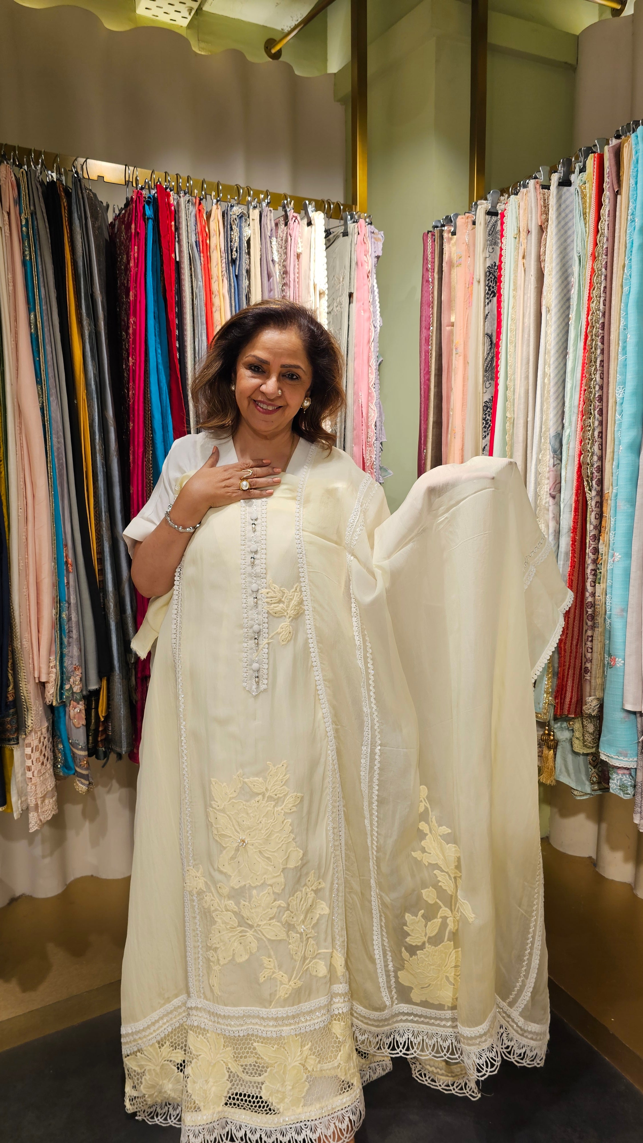 Beautiful Organza Fabric Suit trimmed With Patch Work