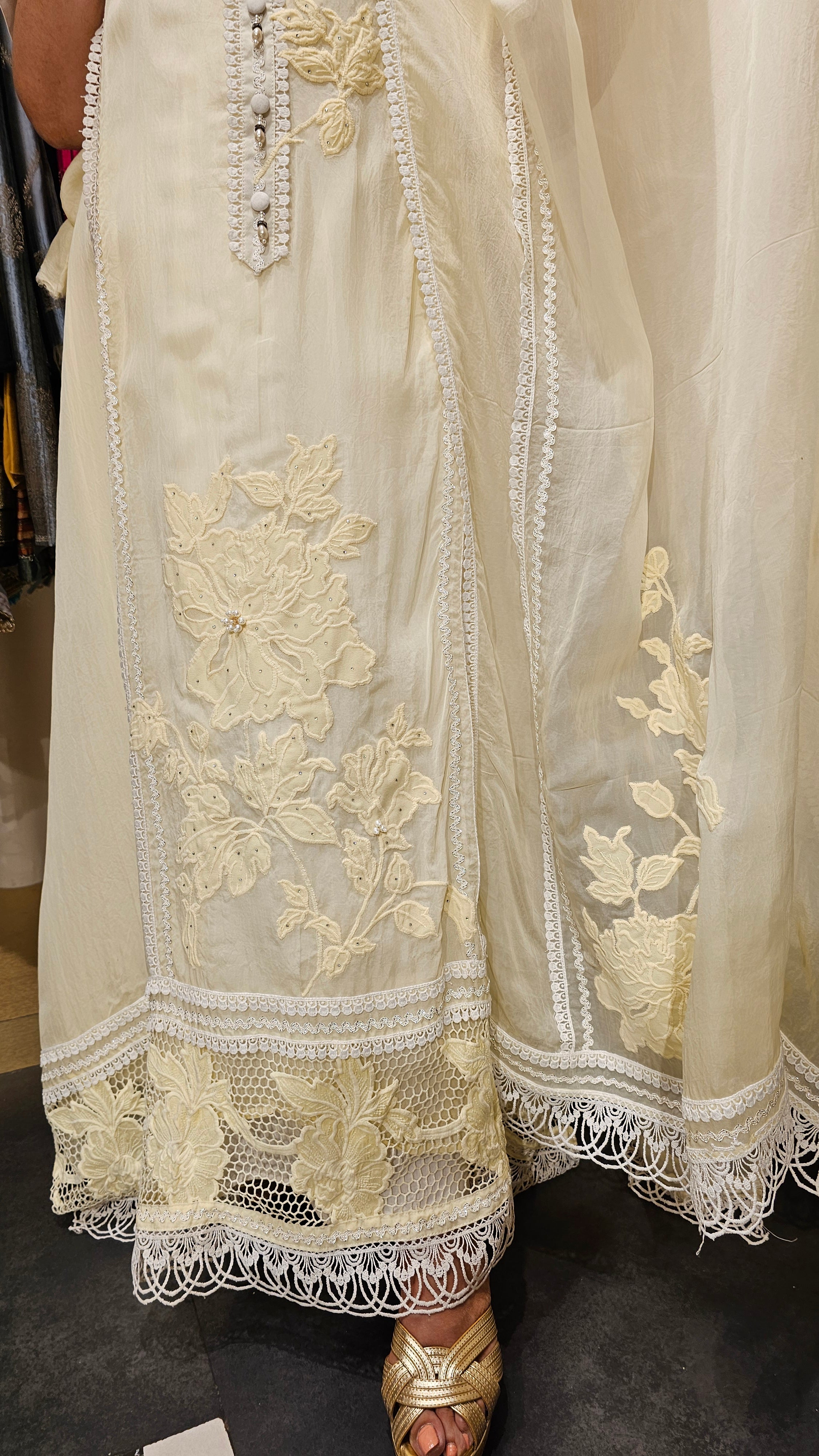 Beautiful Organza Fabric Suit trimmed With Patch Work