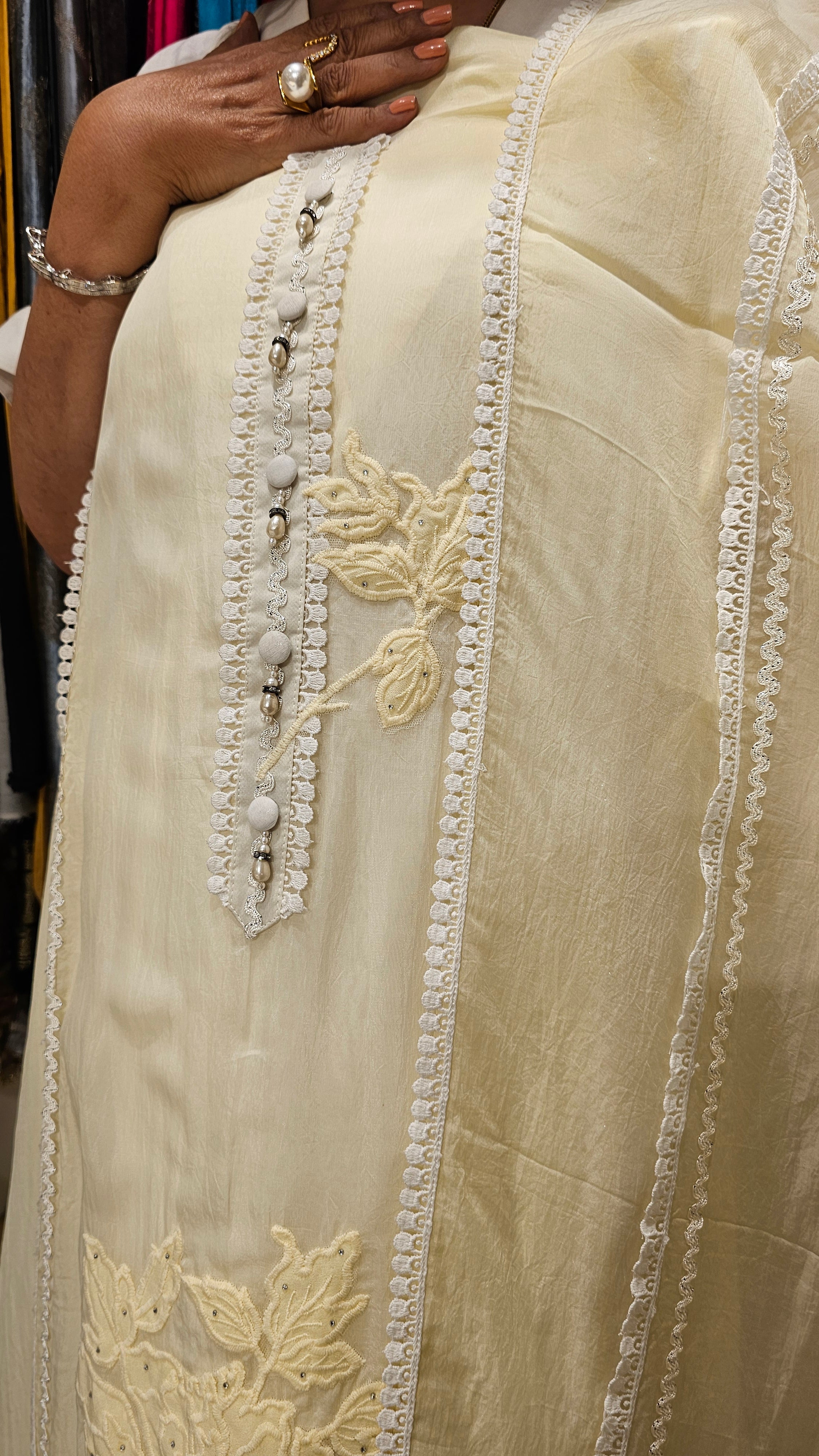 Beautiful Organza Fabric Suit trimmed With Patch Work