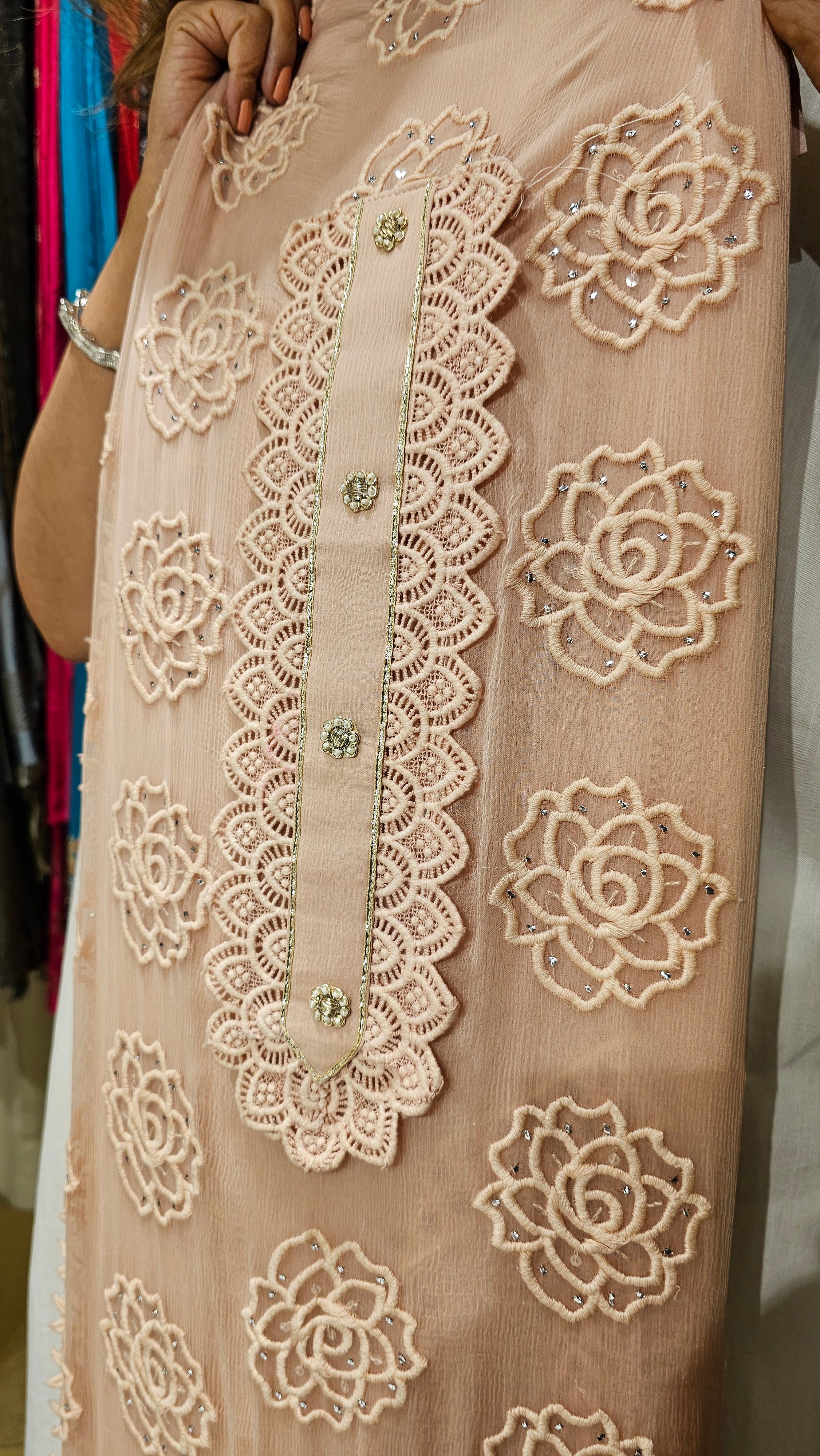 Beautiful Chiffon Fabric Suit trimmed With Patch Work