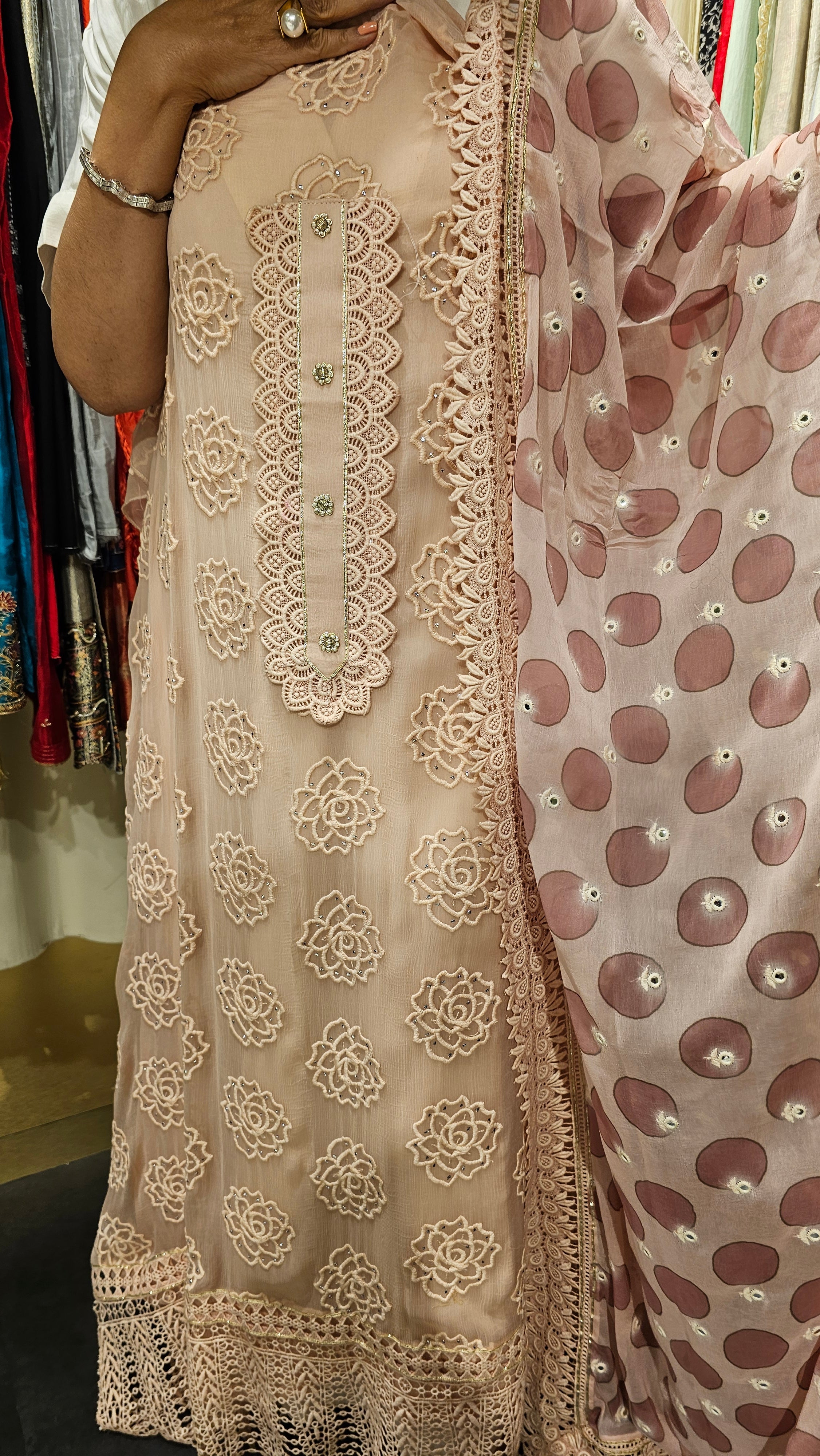 Beautiful Chiffon Fabric Suit trimmed With Patch Work