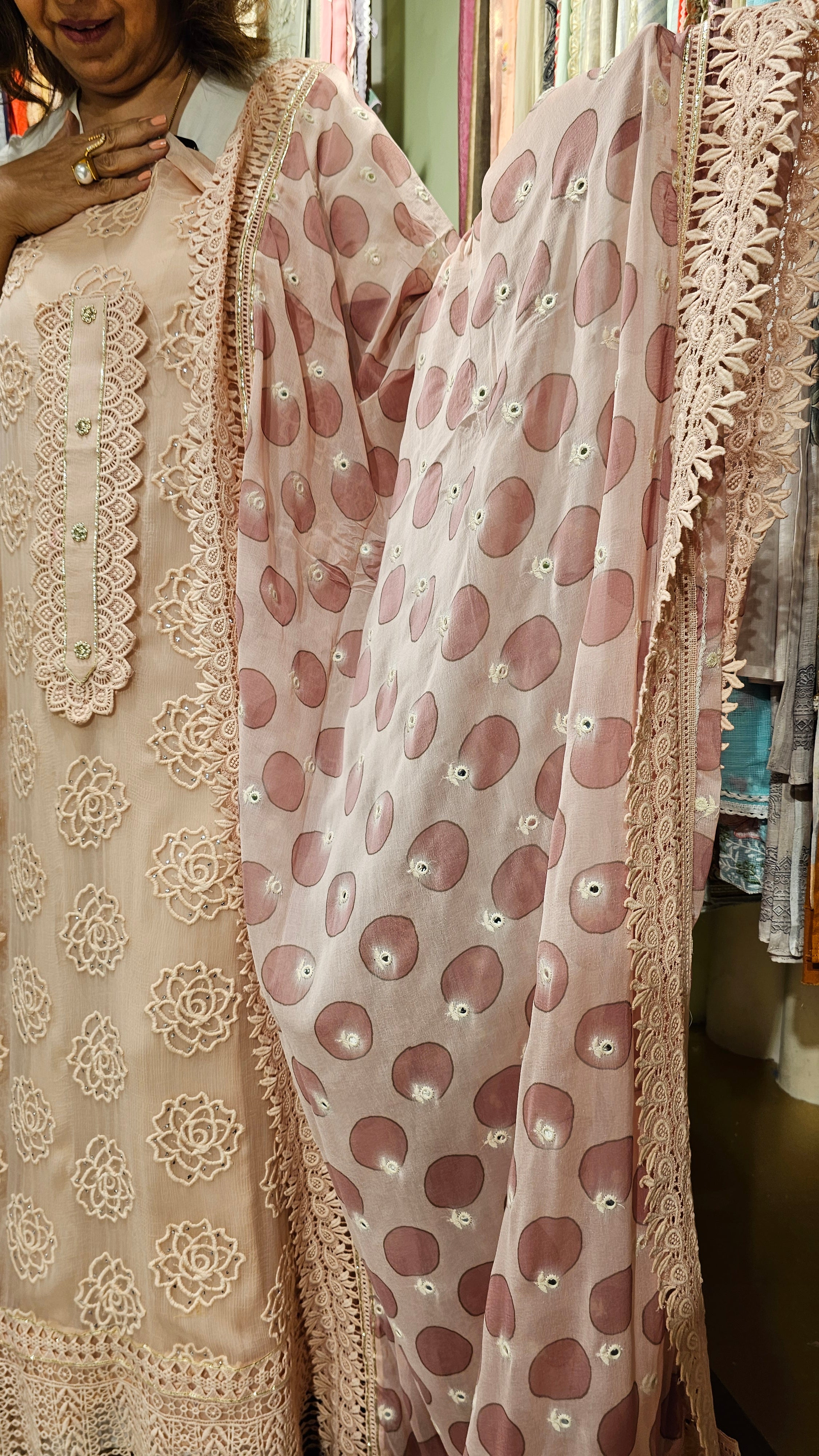 Beautiful Chiffon Fabric Suit trimmed With Patch Work