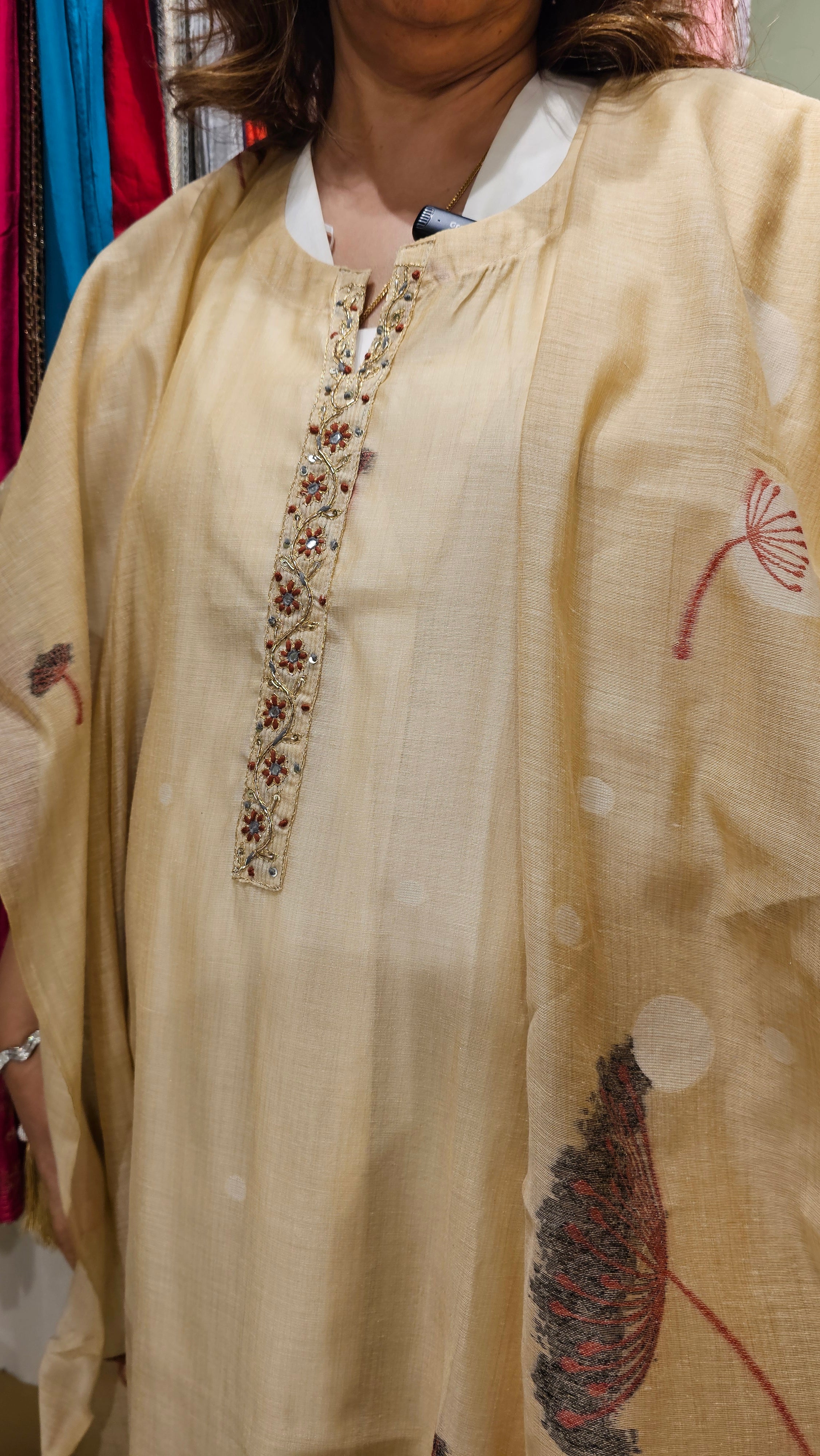 Beautiful Maheshwari Fabric Suit trimmed With Weaving & Hand work
