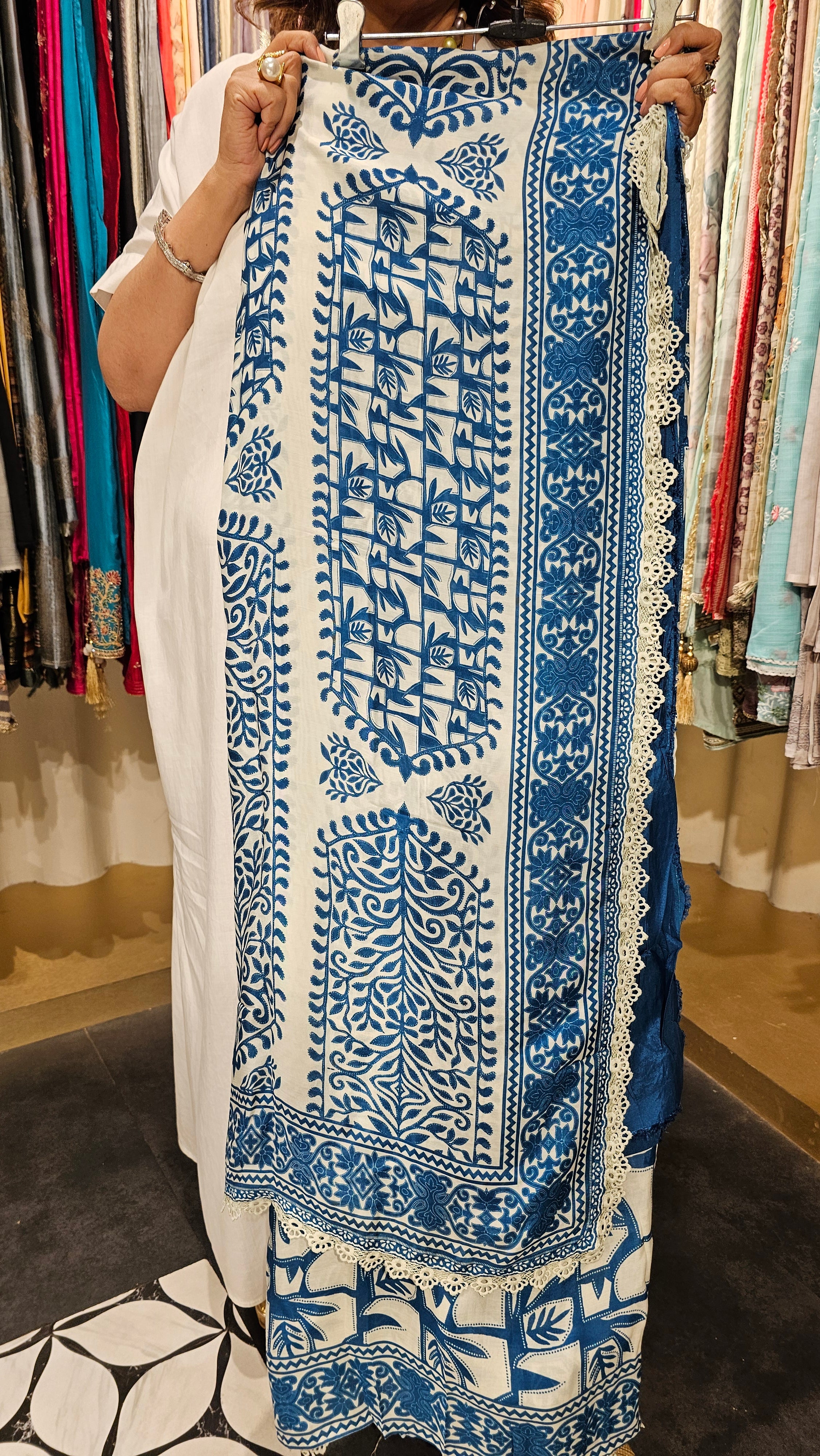 Beautiful Muslin Fabric Suit trimmed With Hand work