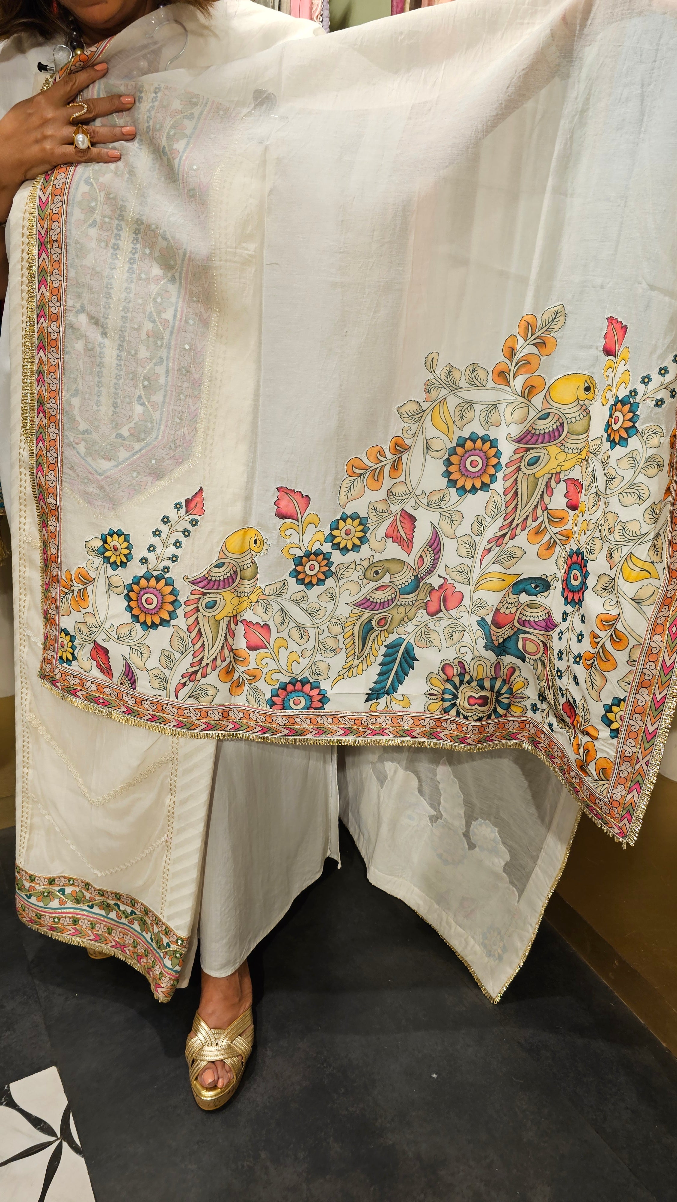 Beautiful Mul Fabric Suit trimmed With Gota & Kalamkari
