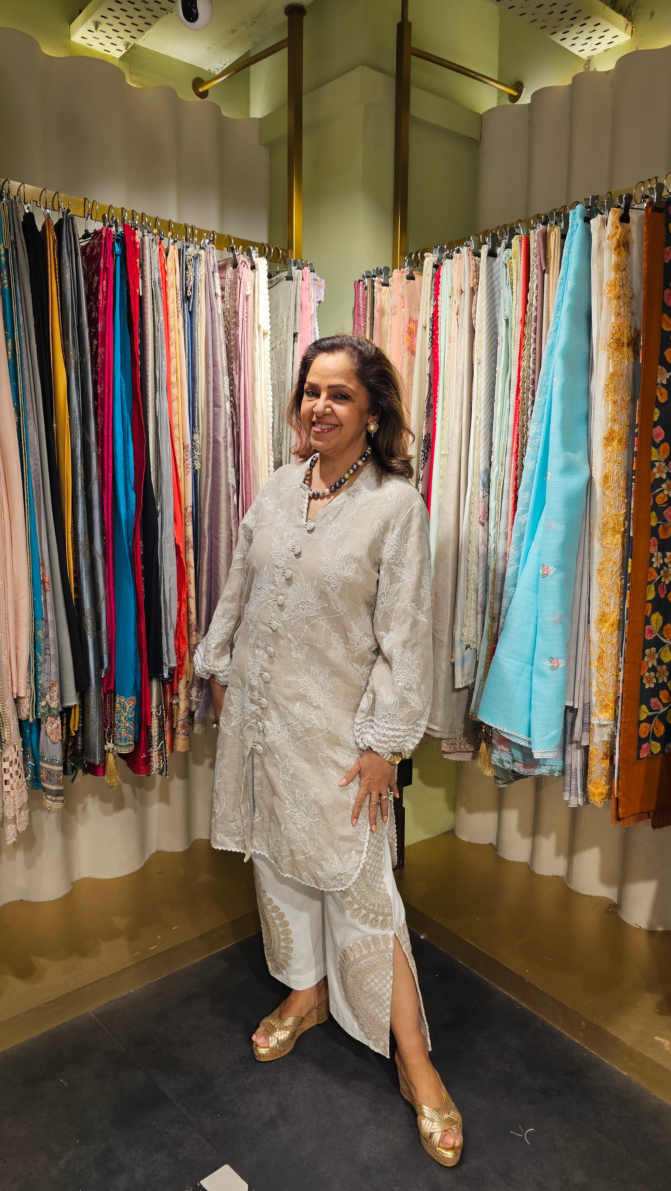 Cool and comfortable embroidered linen kurta dressed with dori work & laces with ivory linen pants with dori work
