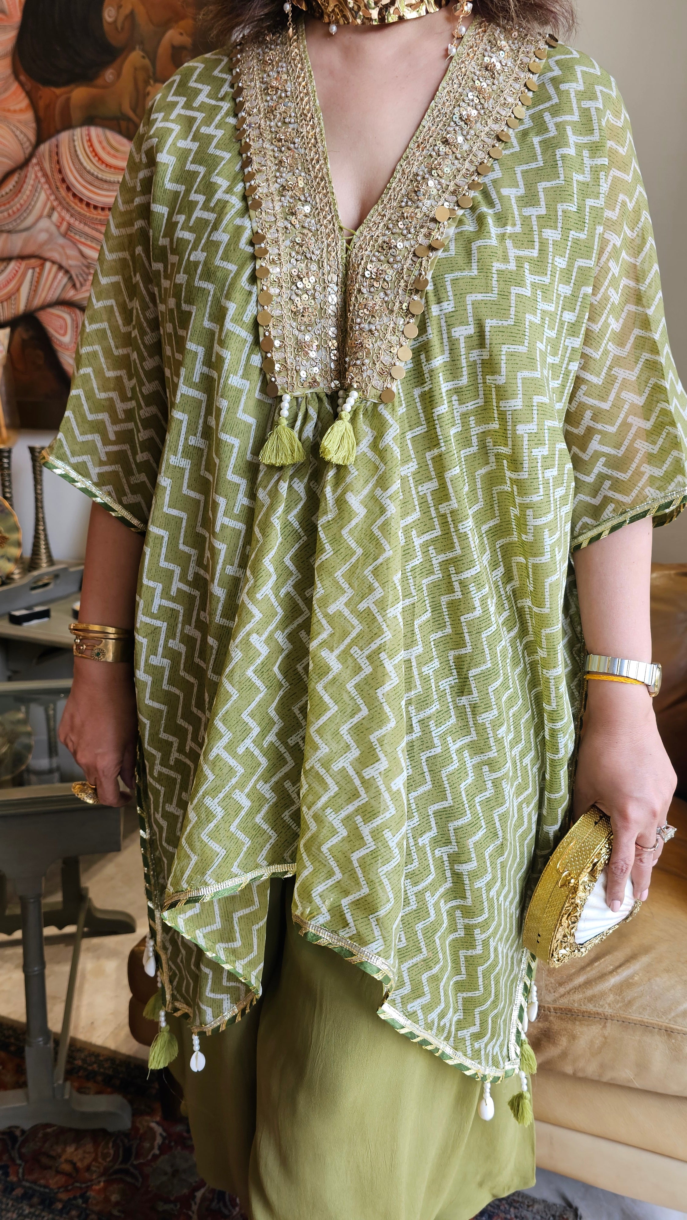 Beautiful Organza Top Embellished with Mirror & Latkan Work and with Georgette Bottom