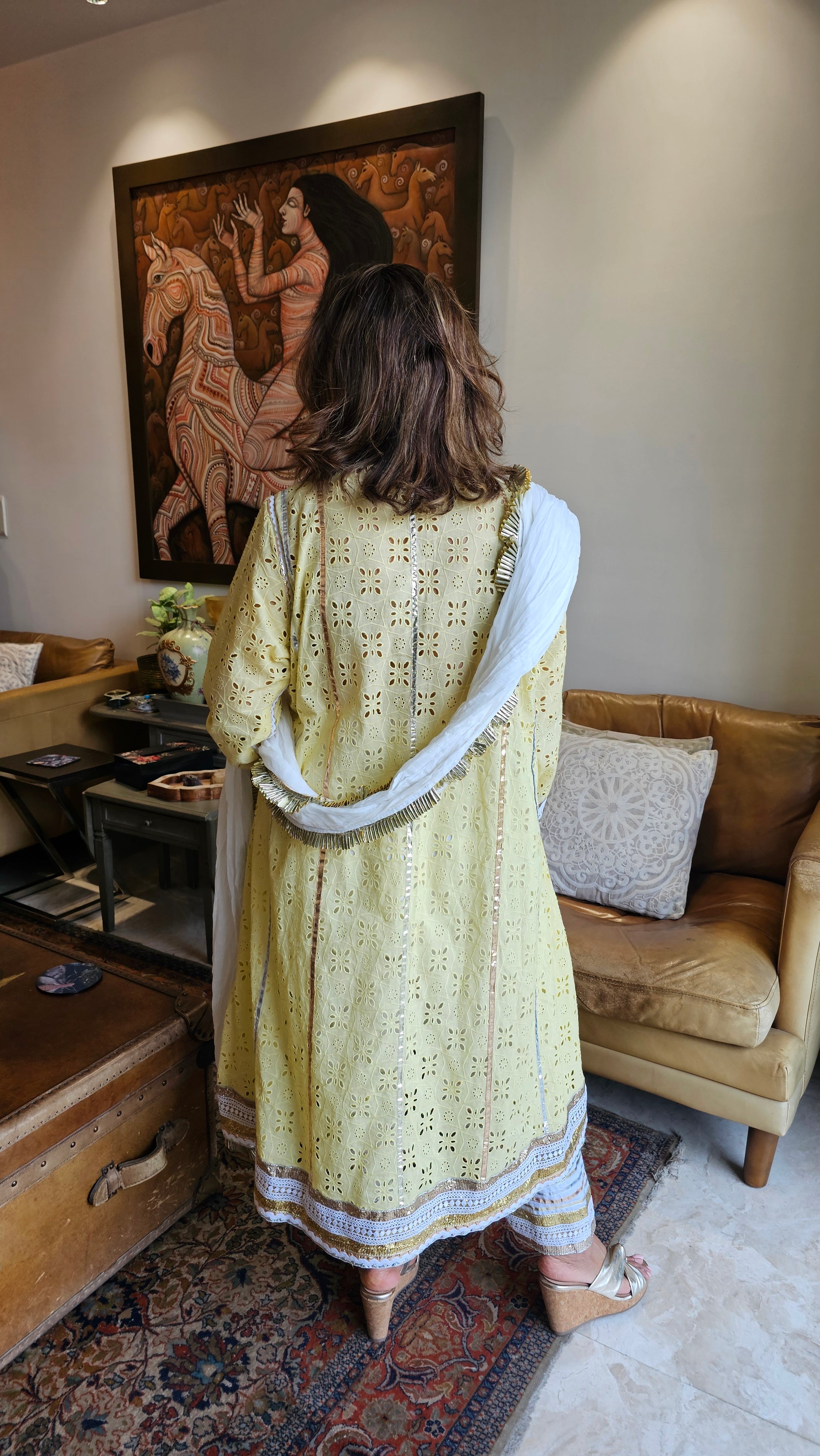 Beautiful Asymmetric Cutwork Kurta with Cotton Linen Salwaar & Crush Mul-Mul Dupatta