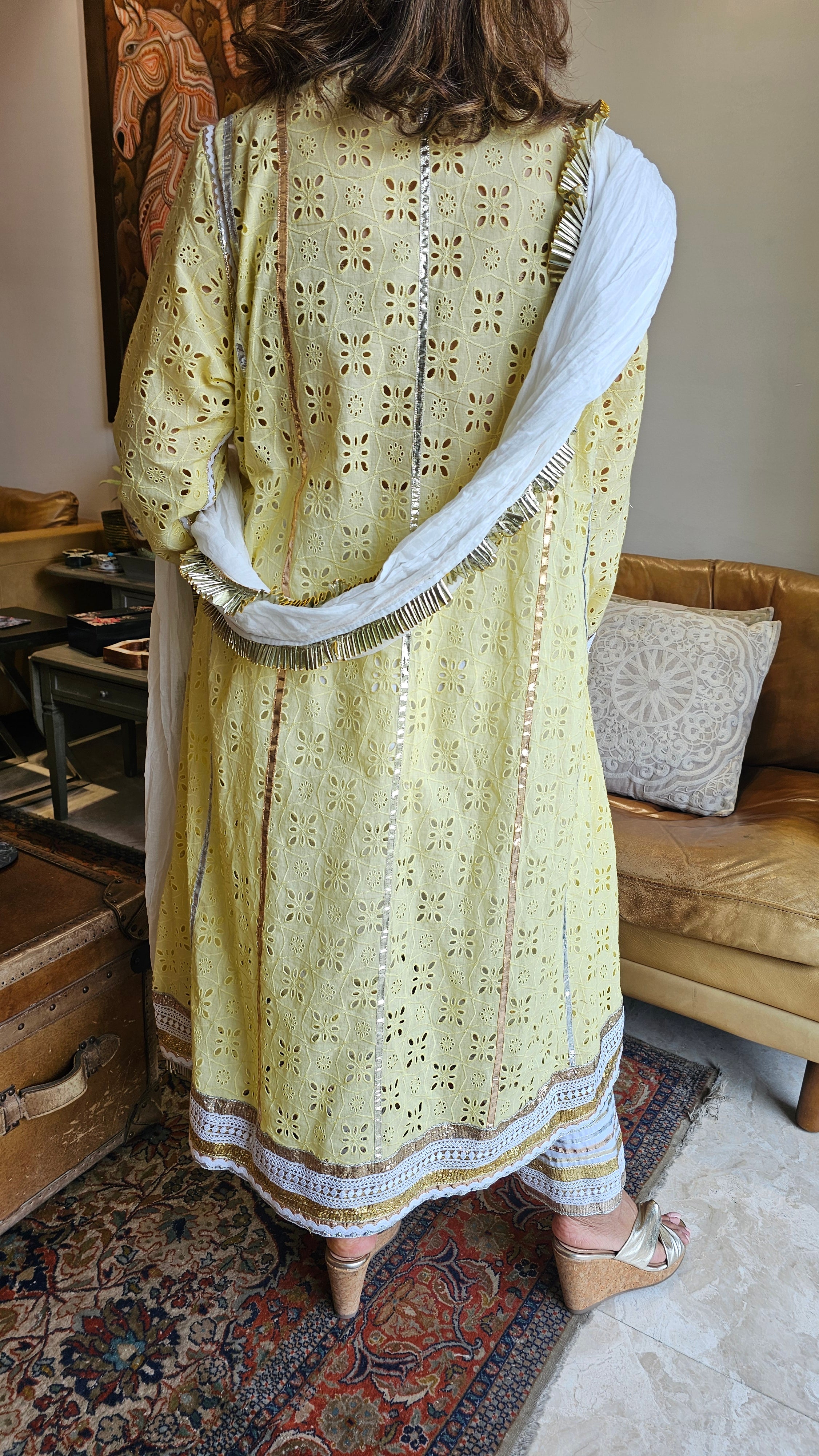 Beautiful Asymmetric Cutwork Kurta with Cotton Linen Salwaar & Crush Mul-Mul Dupatta