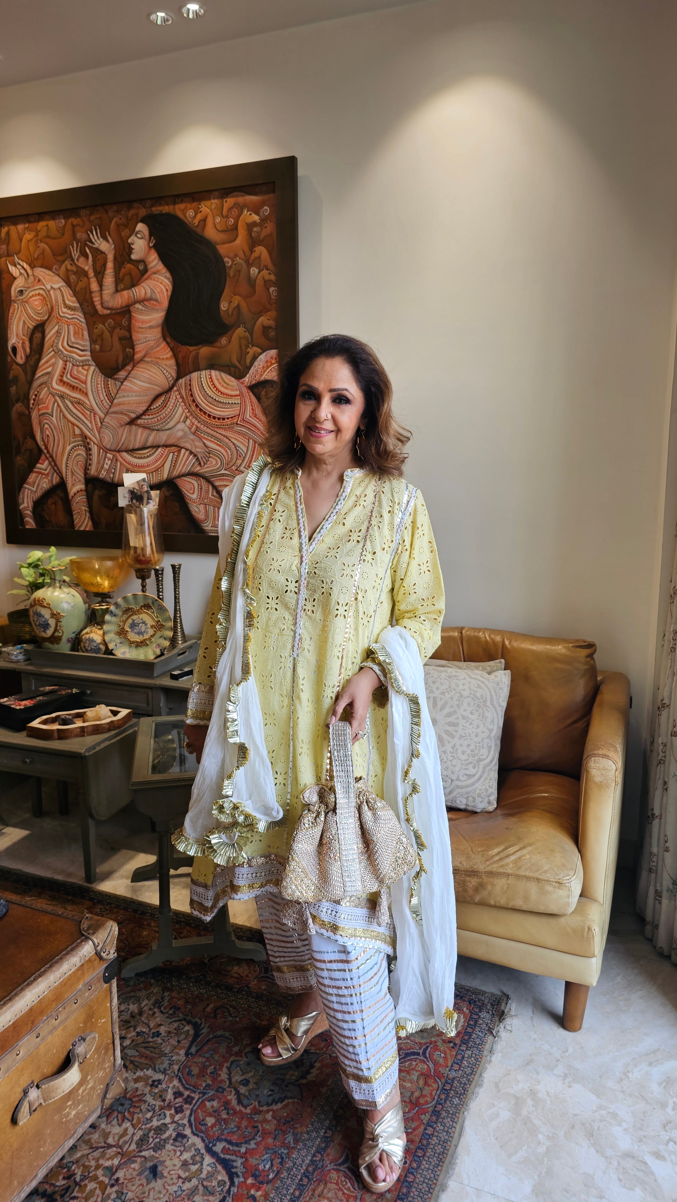 Beautiful Asymmetric Cutwork Kurta with Cotton Linen Salwaar & Crush Mul-Mul Dupatta