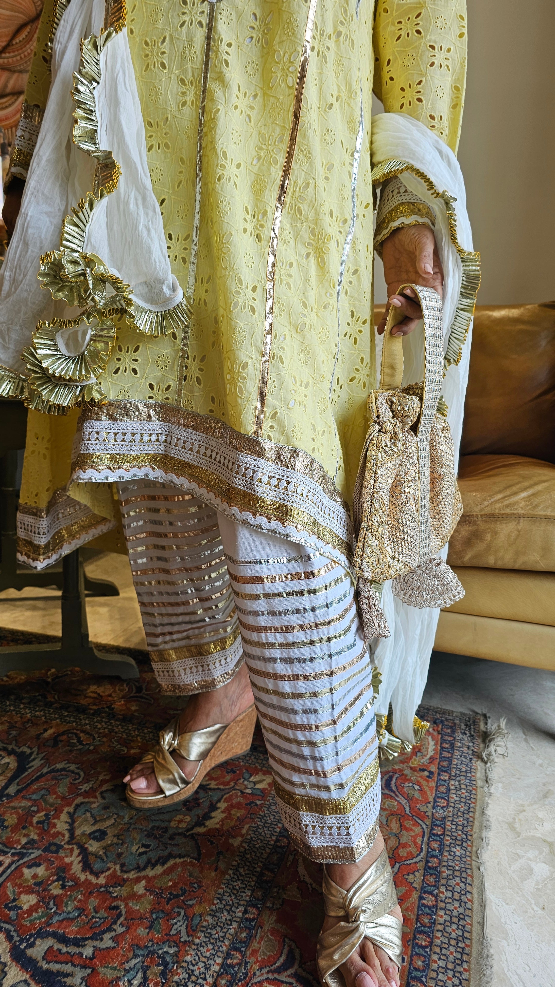 Beautiful Asymmetric Cutwork Kurta with Cotton Linen Salwaar & Crush Mul-Mul Dupatta