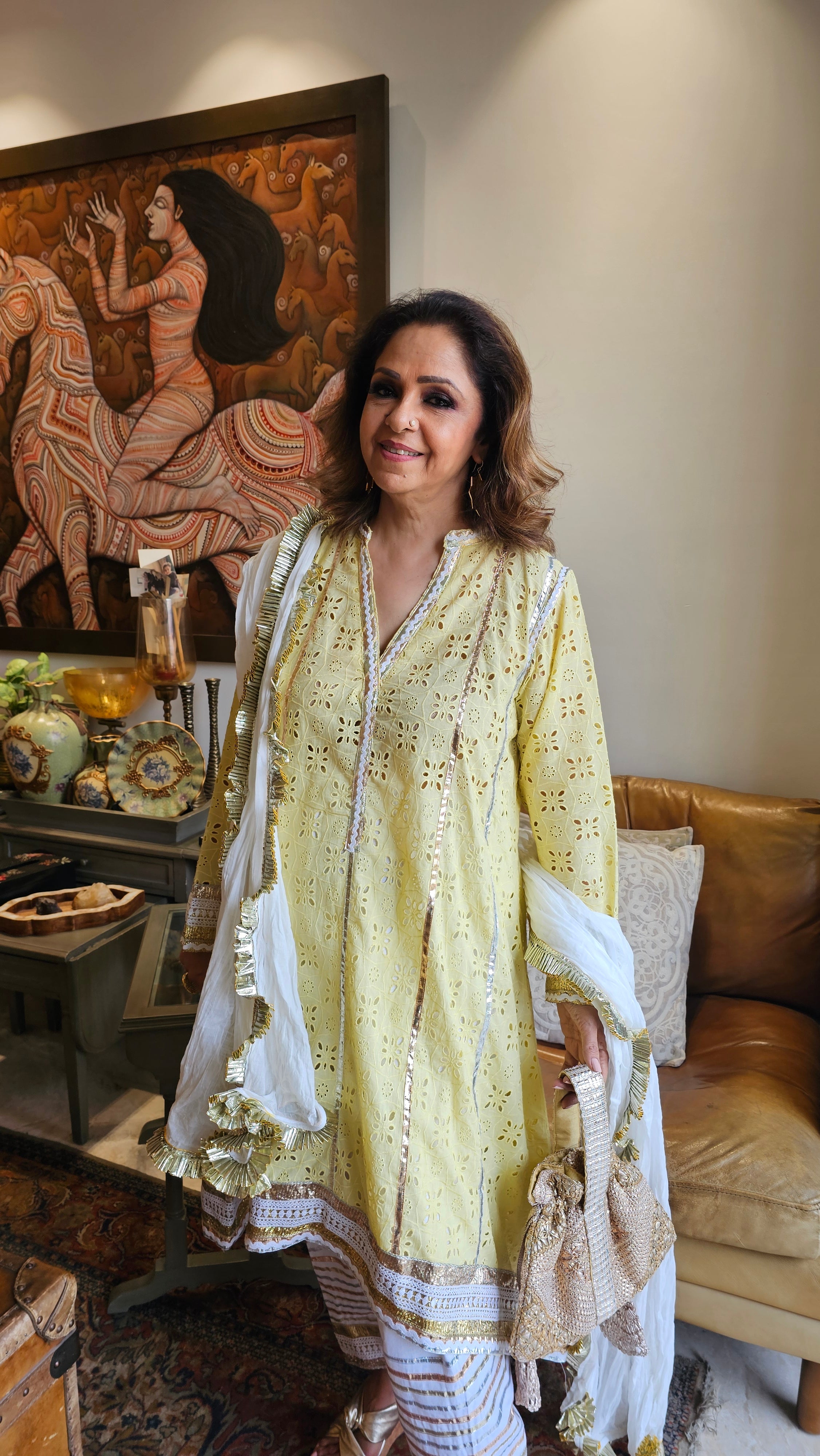 Beautiful Asymmetric Cutwork Kurta with Cotton Linen Salwaar & Crush Mul-Mul Dupatta