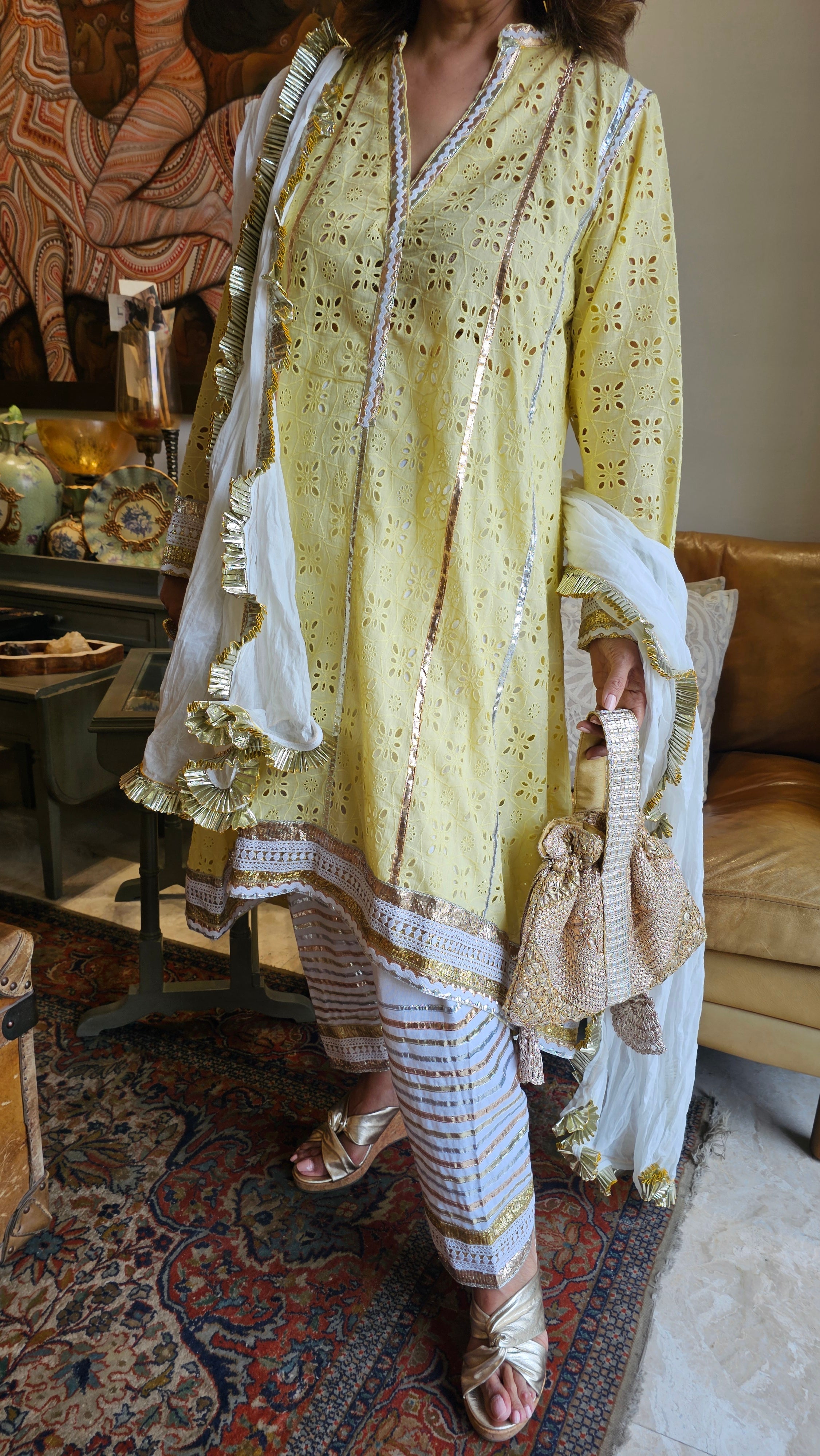 Beautiful Asymmetric Cutwork Kurta with Cotton Linen Salwaar & Crush Mul-Mul Dupatta