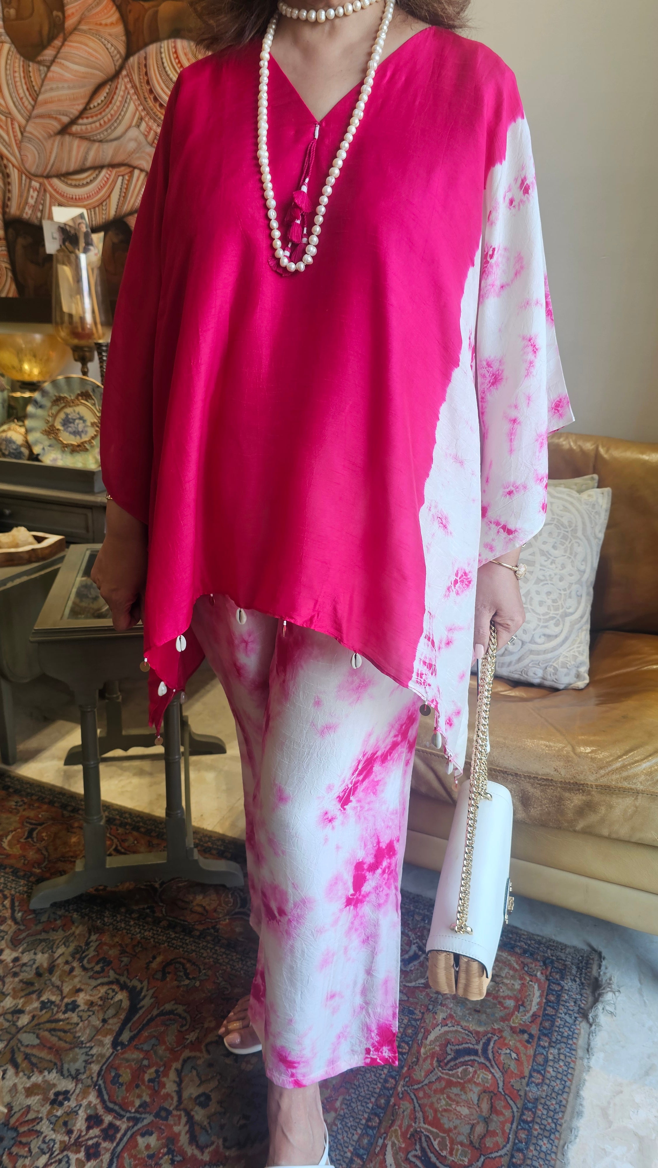 Stunning Tie & Dye Printed Cotton Silk Kaftan Co-ord Set