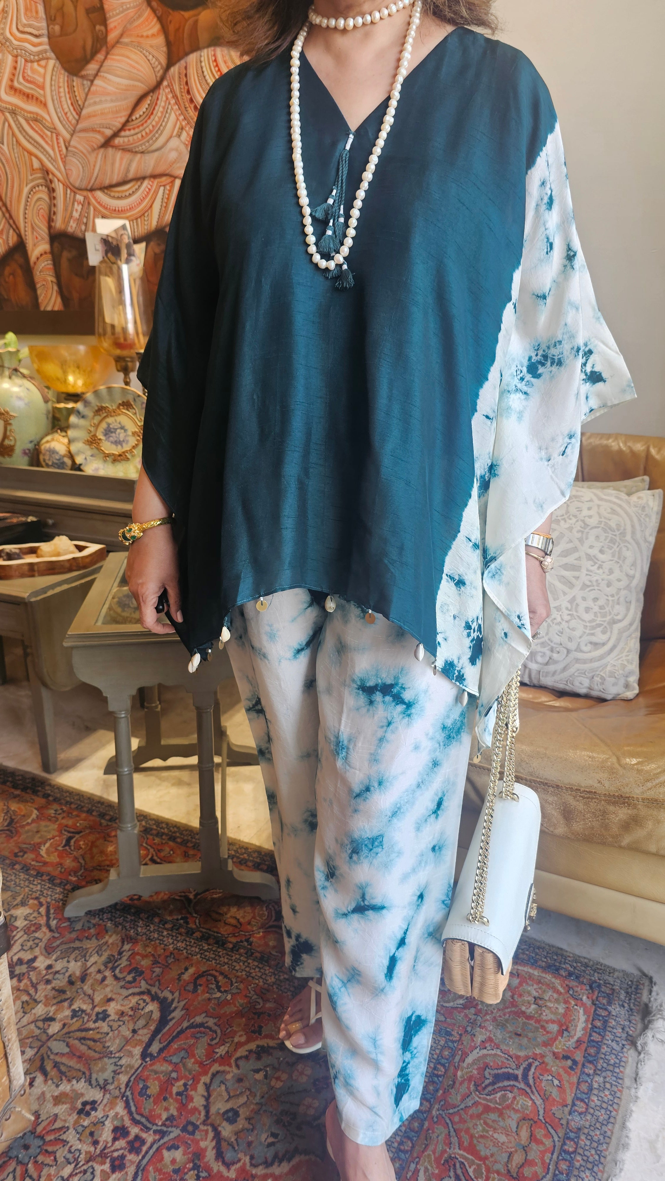 Stunning Tie & Dye Printed Cotton Silk Kaftan Co-ord Set