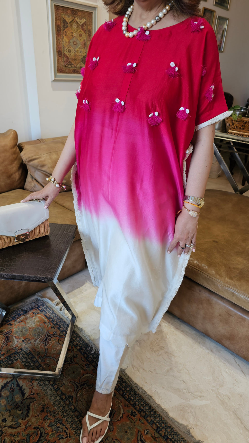 Beautiful Chanderi Co-ord Set Trimmed with Cowrie Shell Tassels