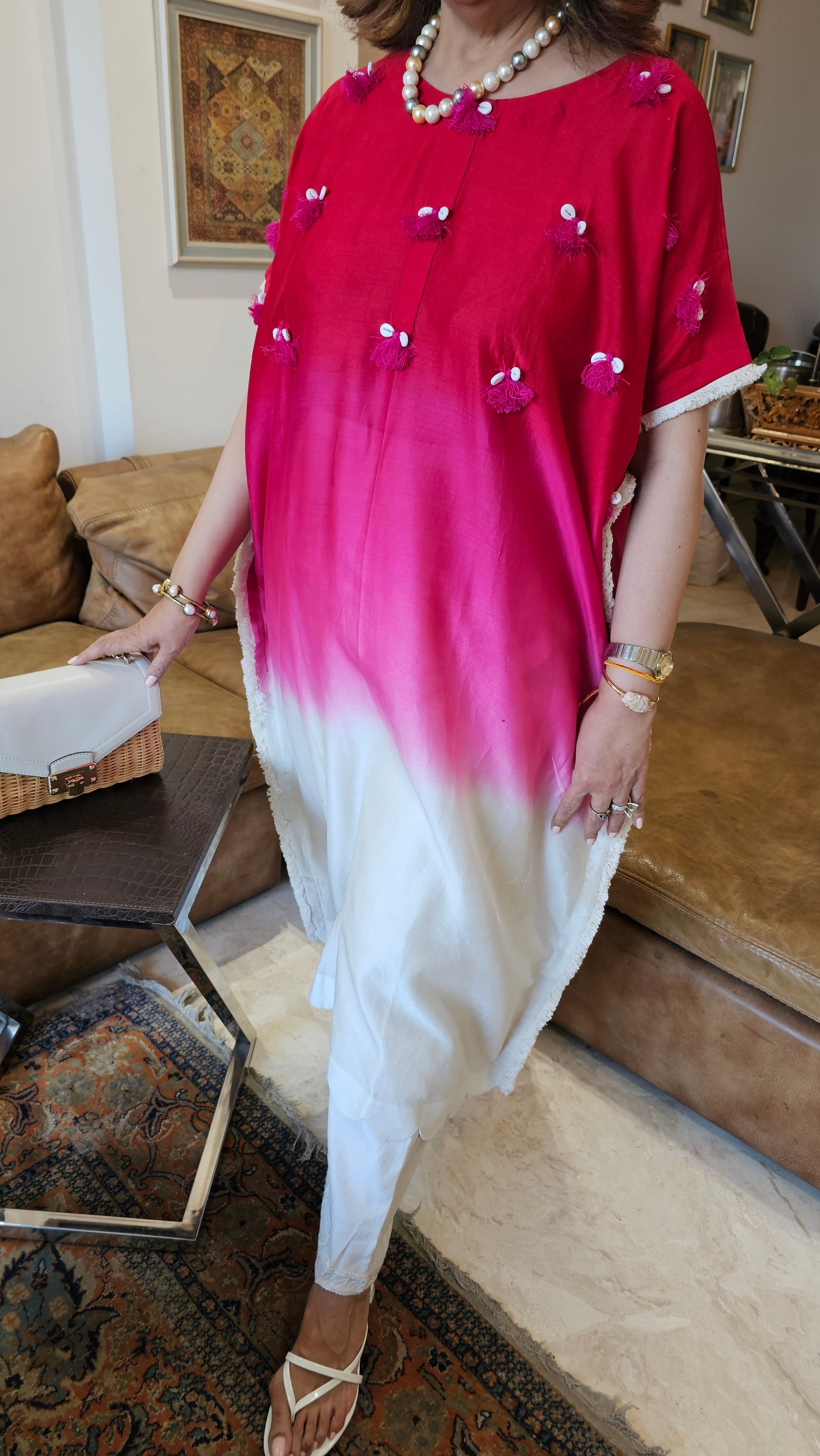 Beautiful Chanderi Co-ord Set Trimmed with Cowrie Shell Tassels