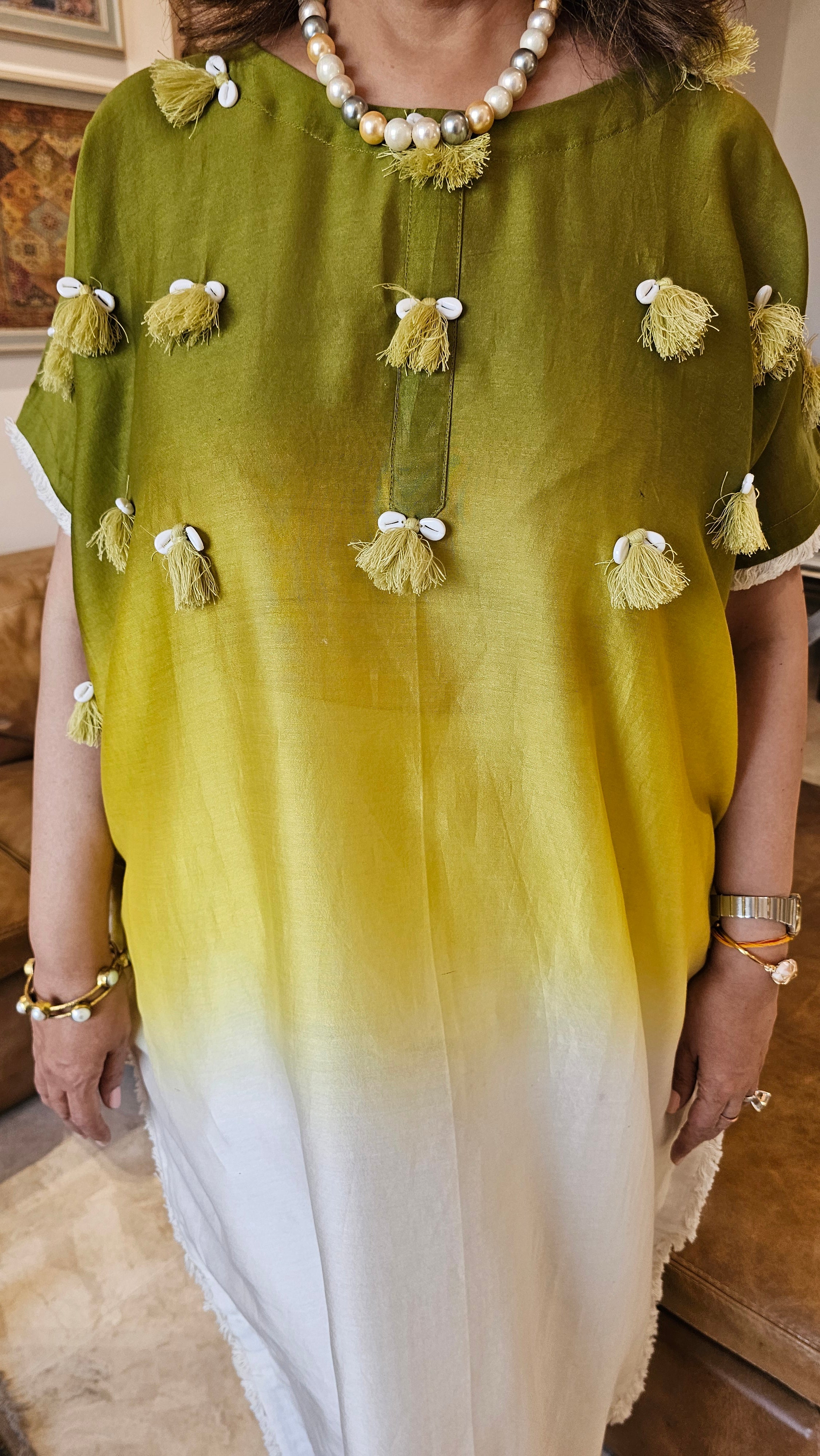 Beautiful Chanderi Co-ord Set Trimmed with Cowrie Shell Tassels