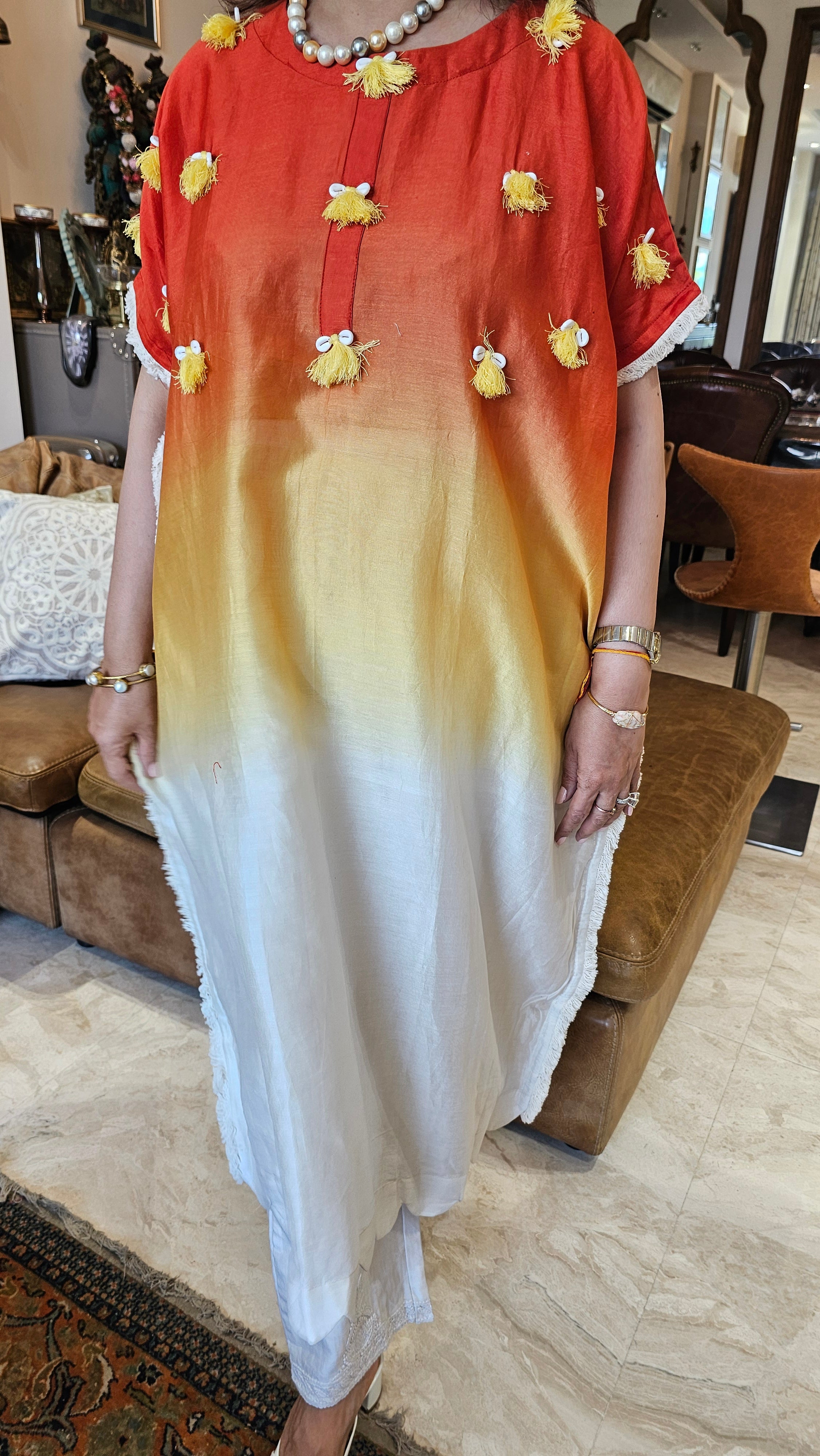 Beautiful Chanderi Co-ord Set Trimmed with Cowrie Shell Tassels