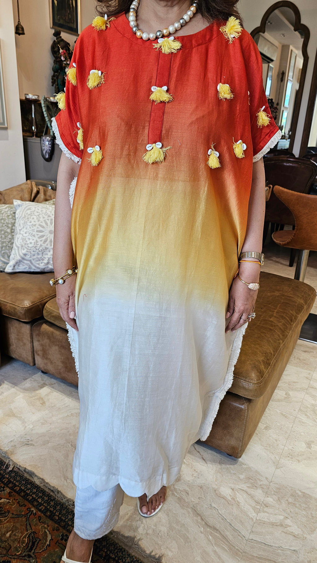 Beautiful Chanderi Co-ord Set Trimmed with Cowrie Shell Tassels
