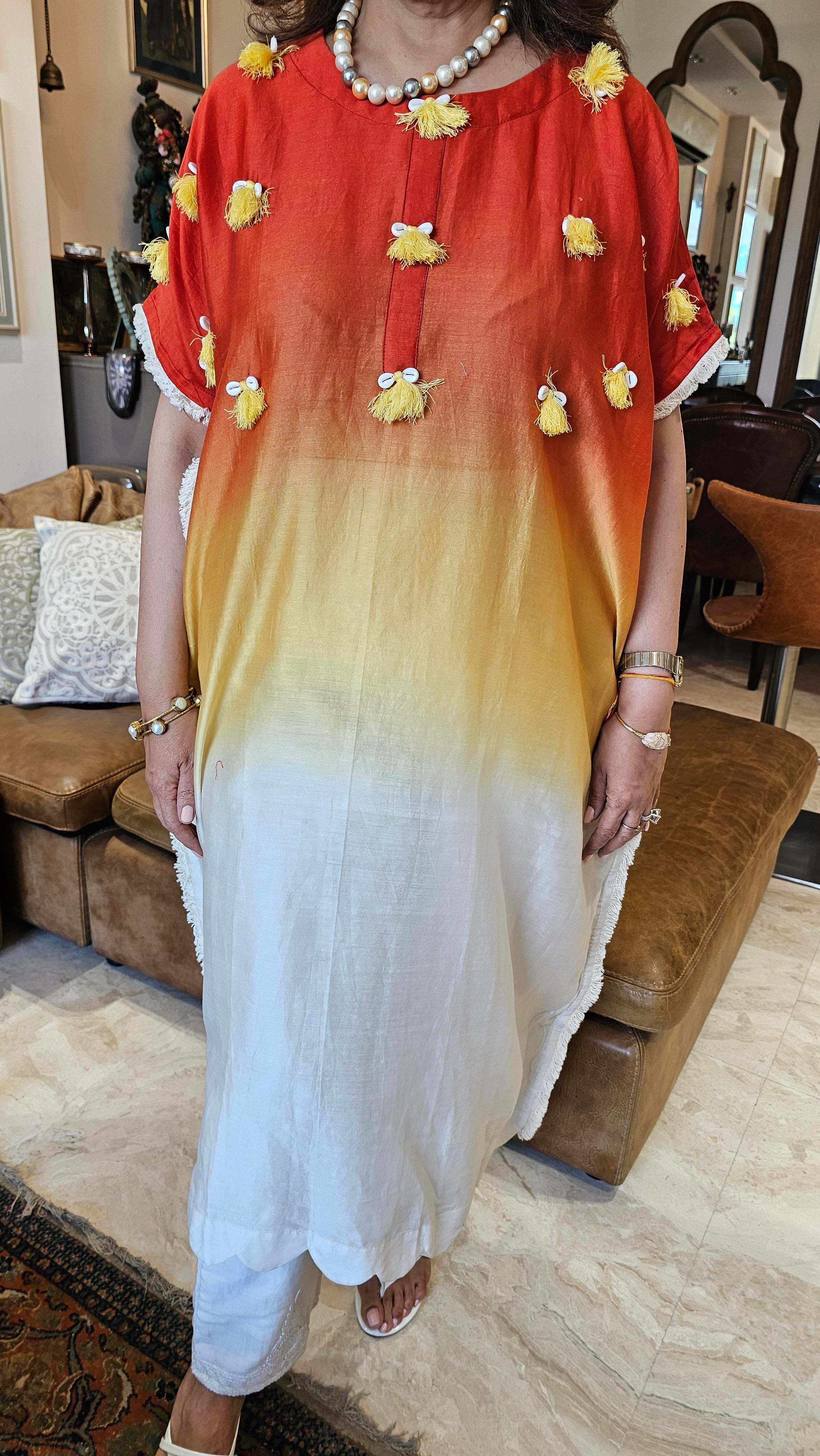 Beautiful Chanderi Co-ord Set Trimmed with Cowrie Shell Tassels