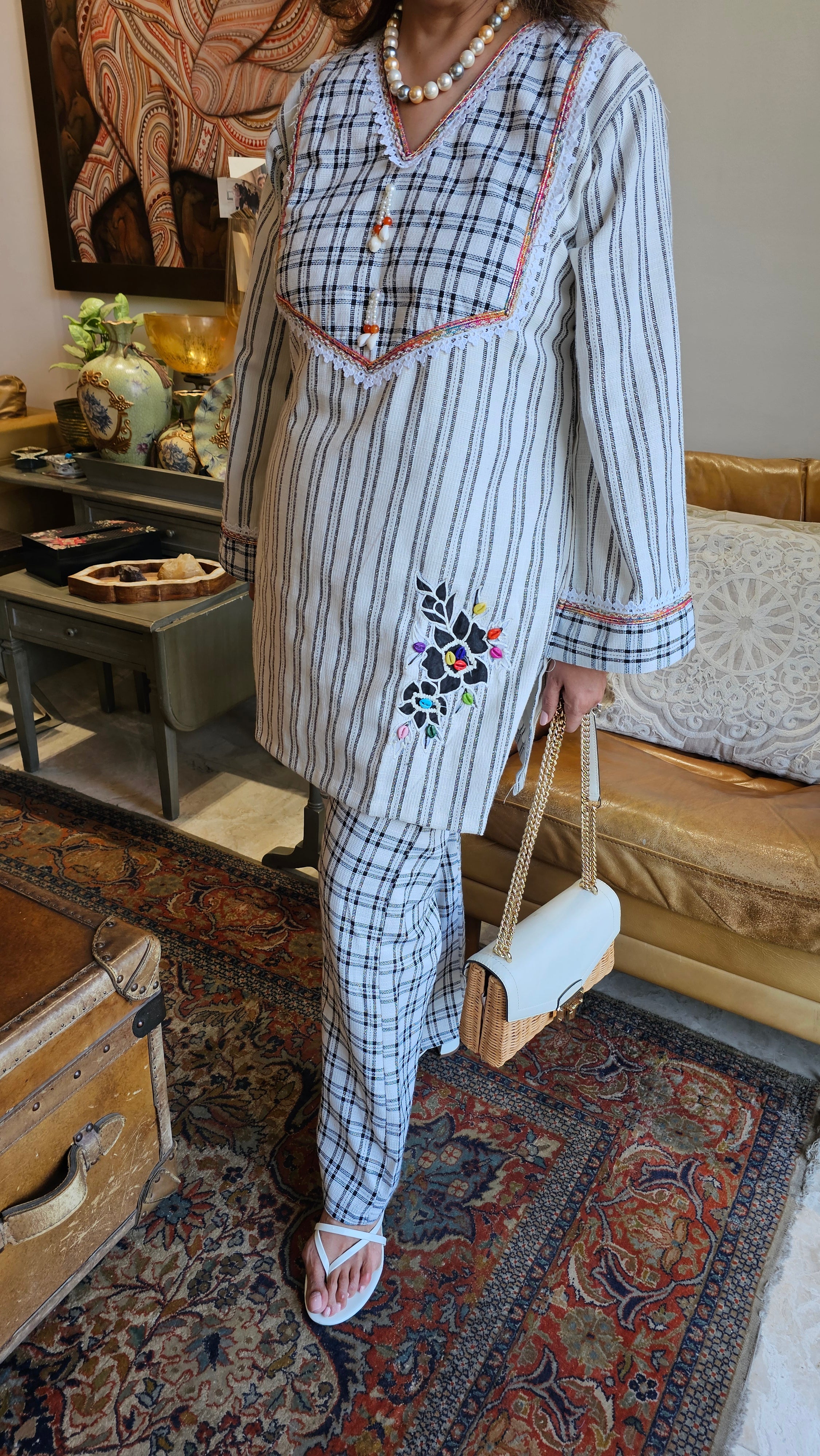 Beautiful Jute Cotton Co-ord Set with Applique, Cowrie Shell & Bead work