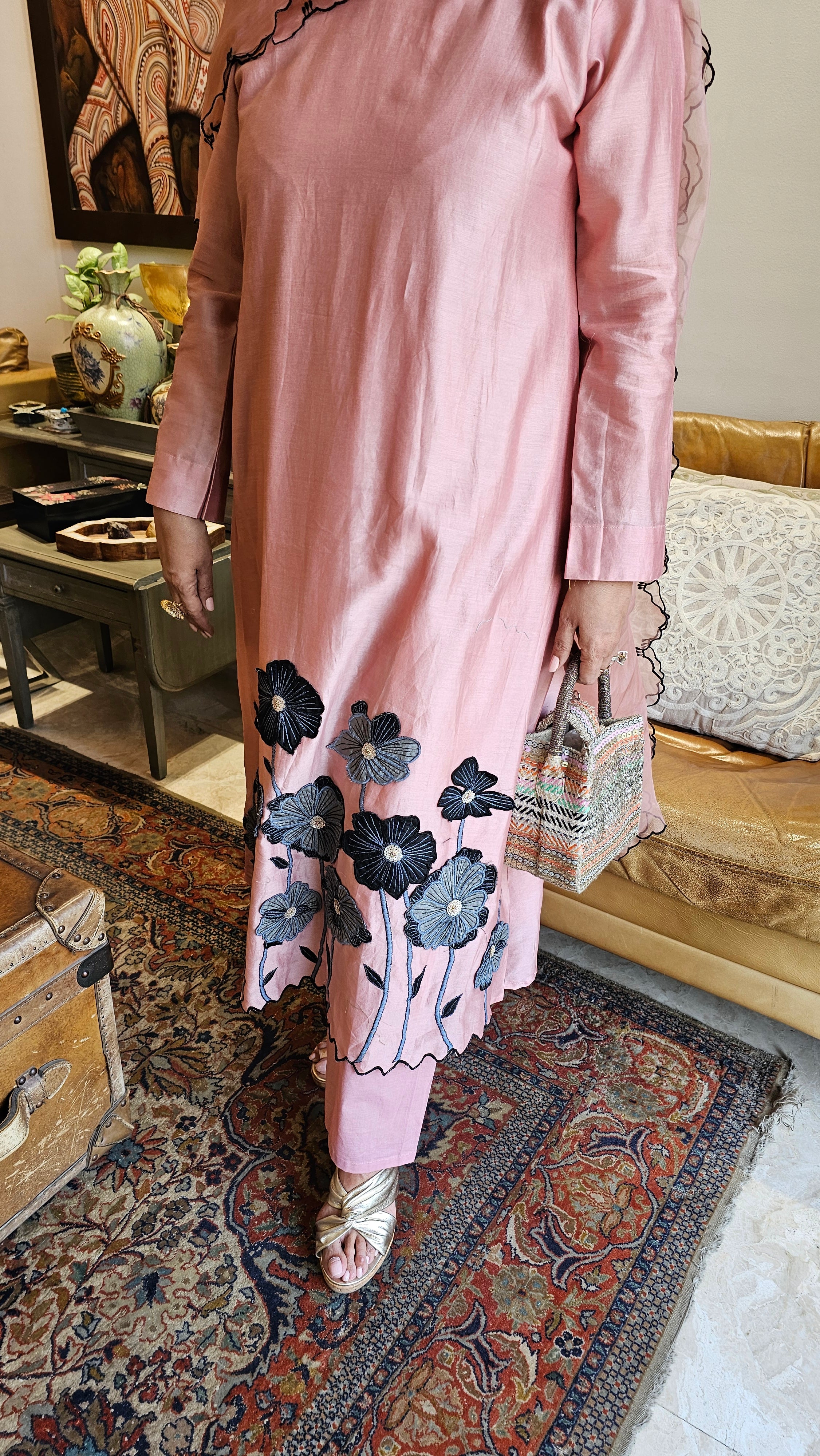 Stunning Chanderi Top with Applique Patch and Bead work with Cotton Bottom & Organza Cut work Dupatta
